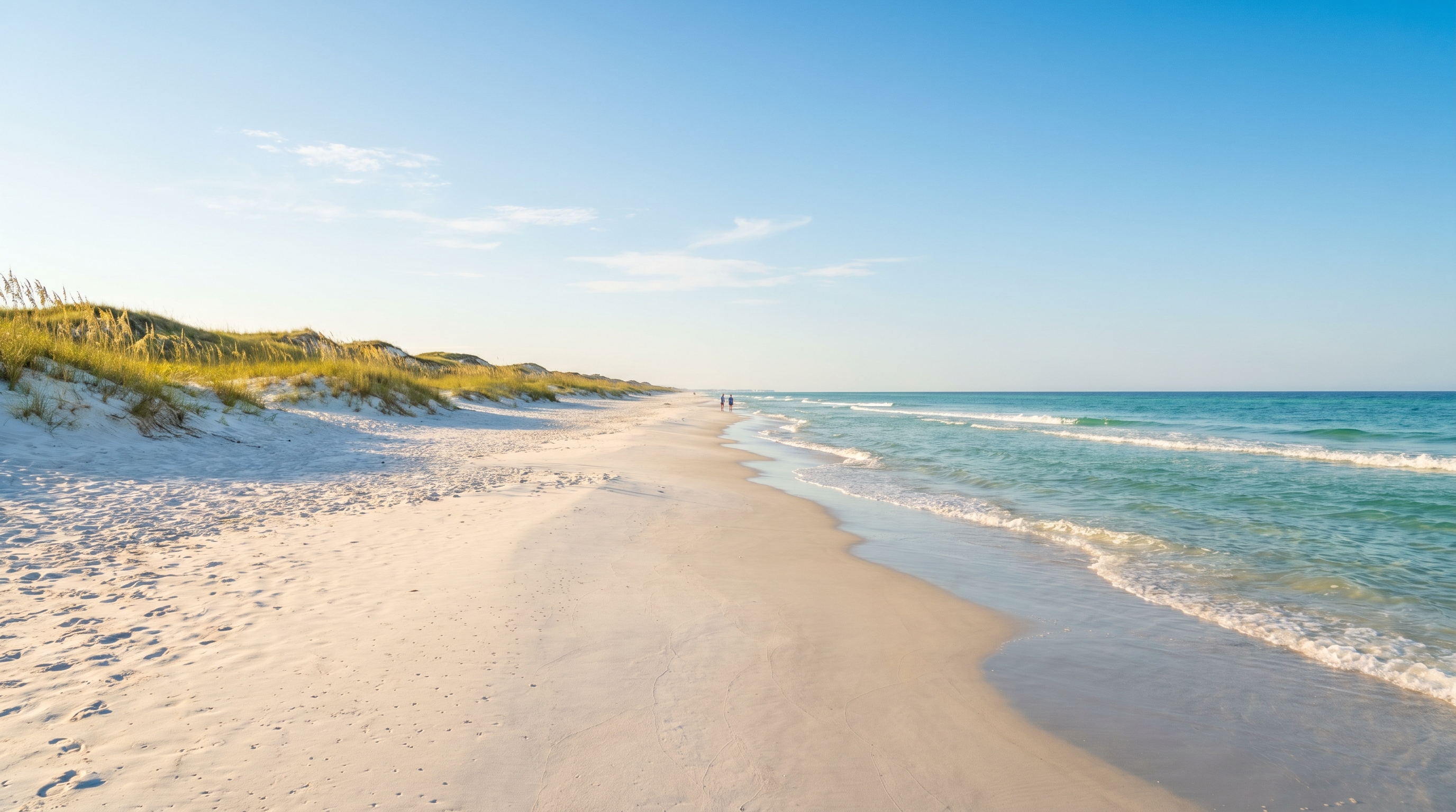 Quiet white sand beach in Destin Florida in late April with emerald water and only a few beachgoers