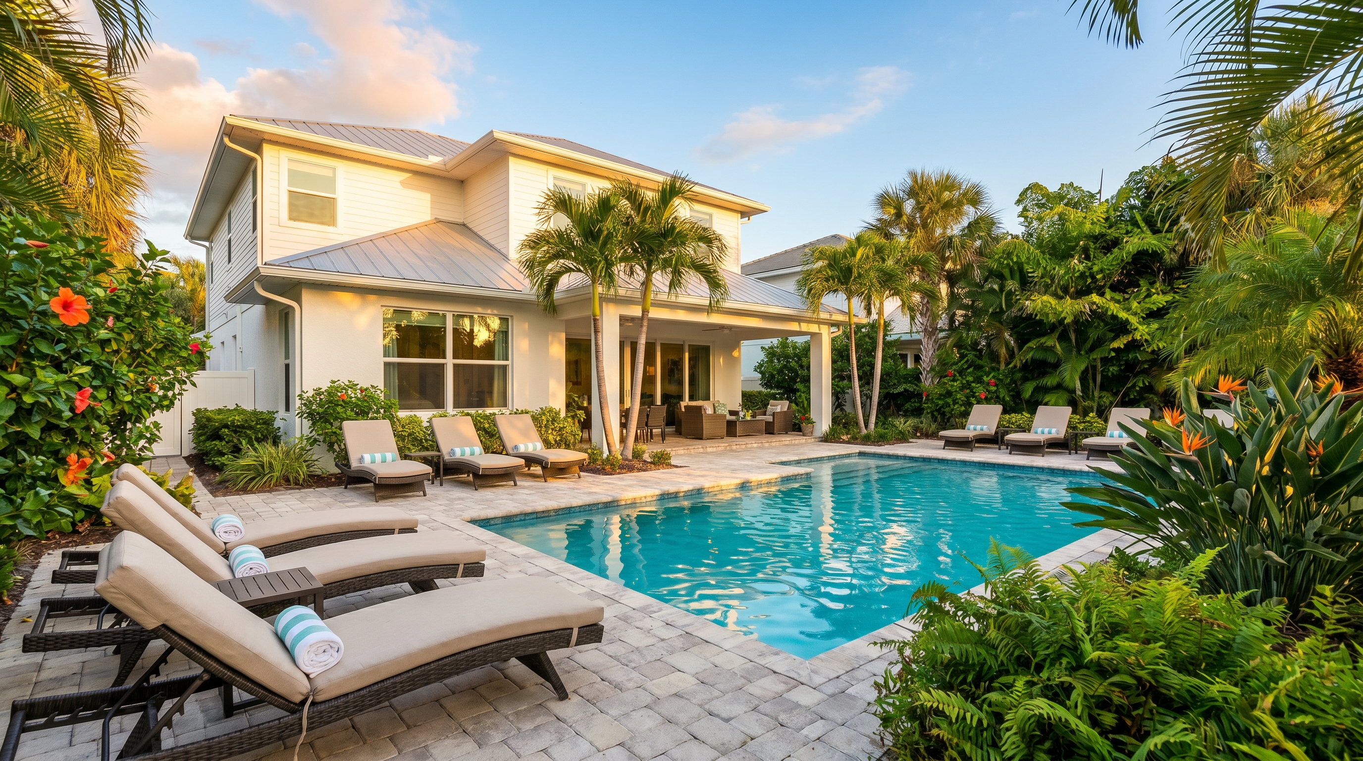 Vacation rental home with private pool in Miramar Beach Florida surrounded by spring greenery in April