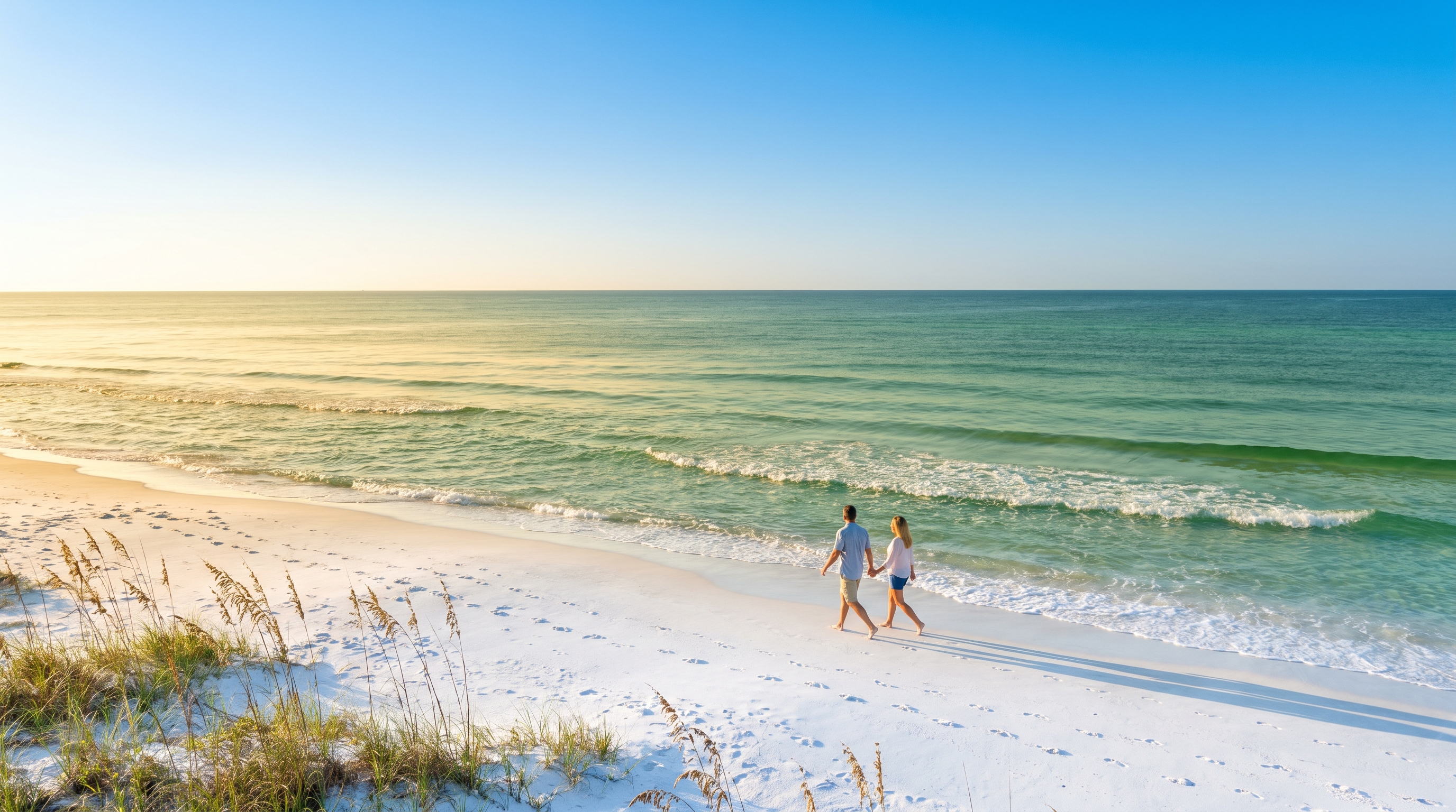 Clear blue spring sky over Destin's white sand beach with calm emerald Gulf water in April