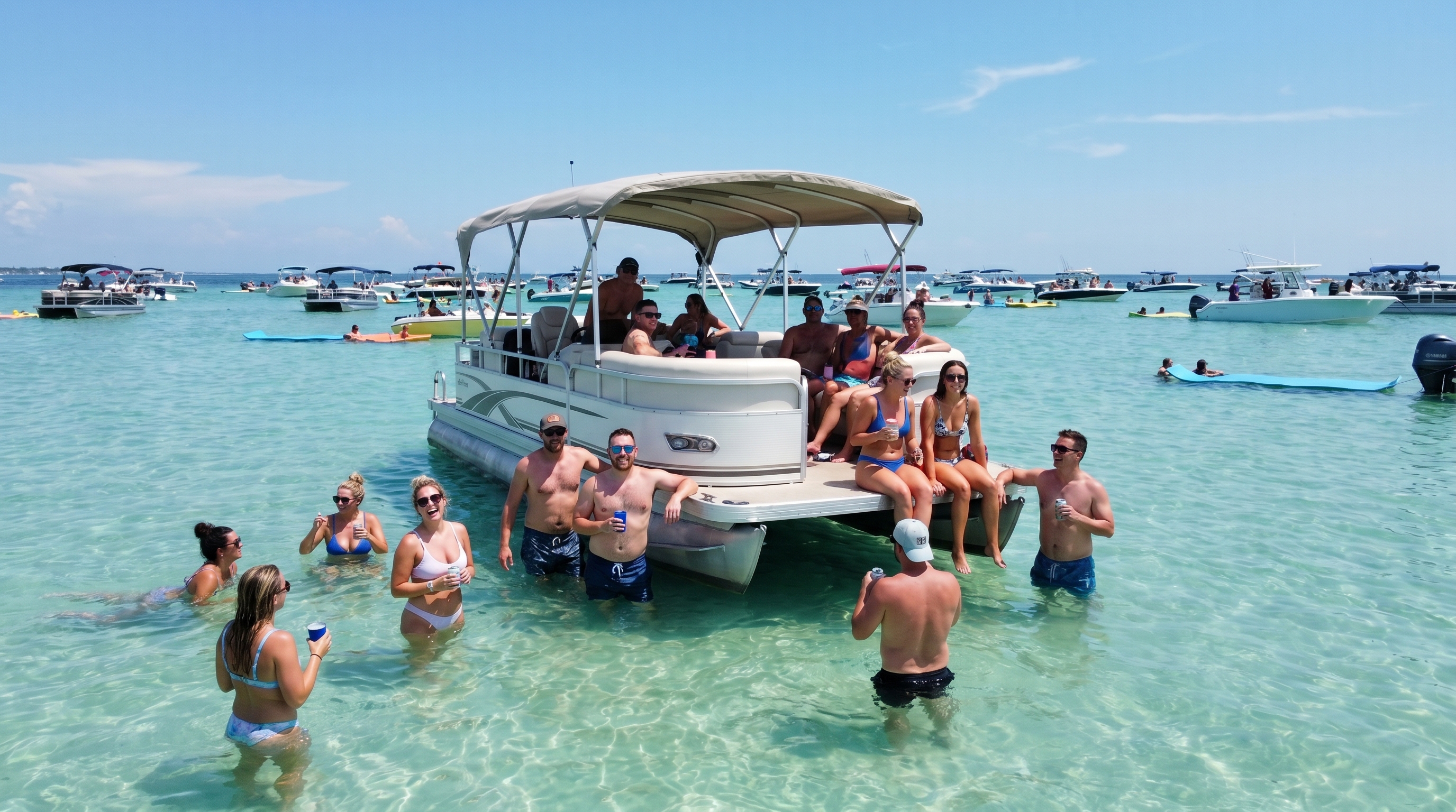 Group of friends on a pontoon boat anchored at Crab Island sandbar in Destin Harbor with turquoise water and blue sky