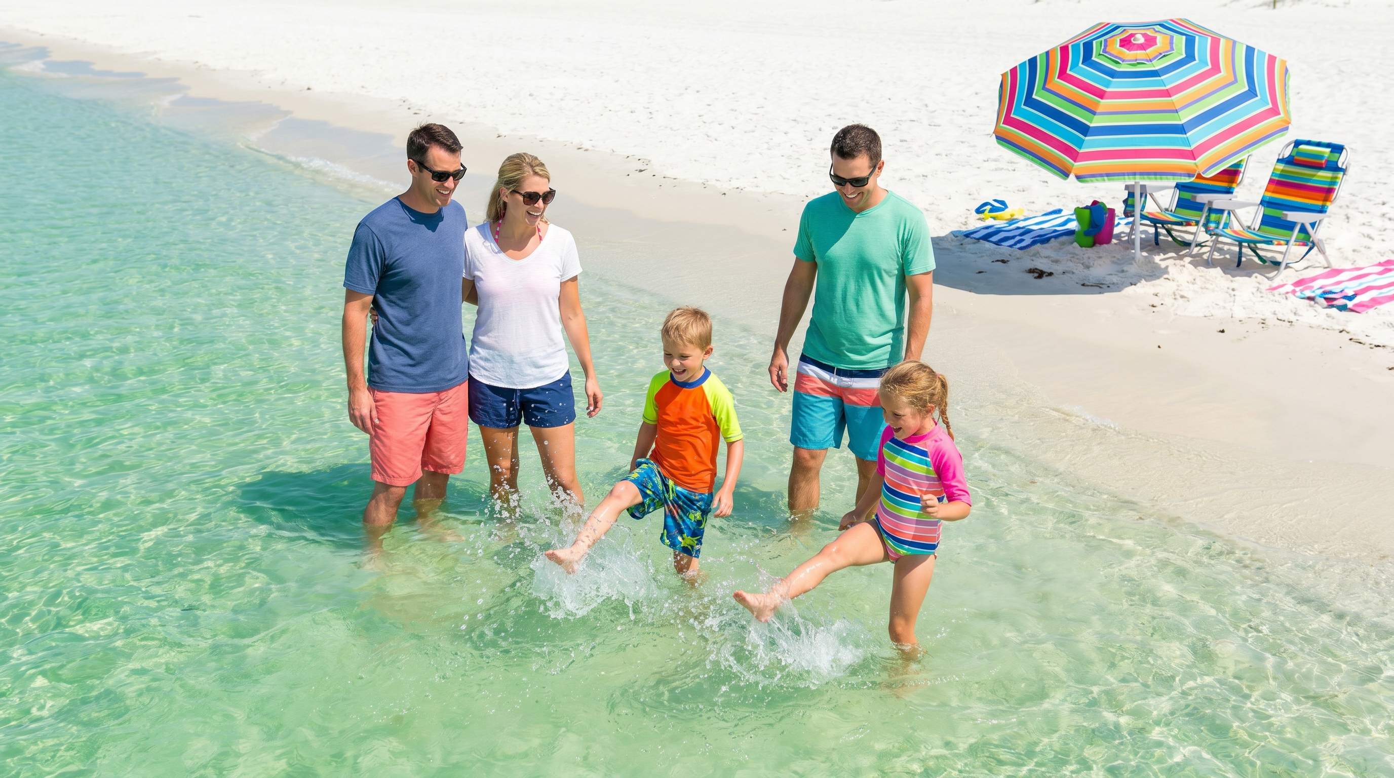 Families playing in shallow emerald green Gulf water at Destin Florida on a sunny August morning with white sand beach