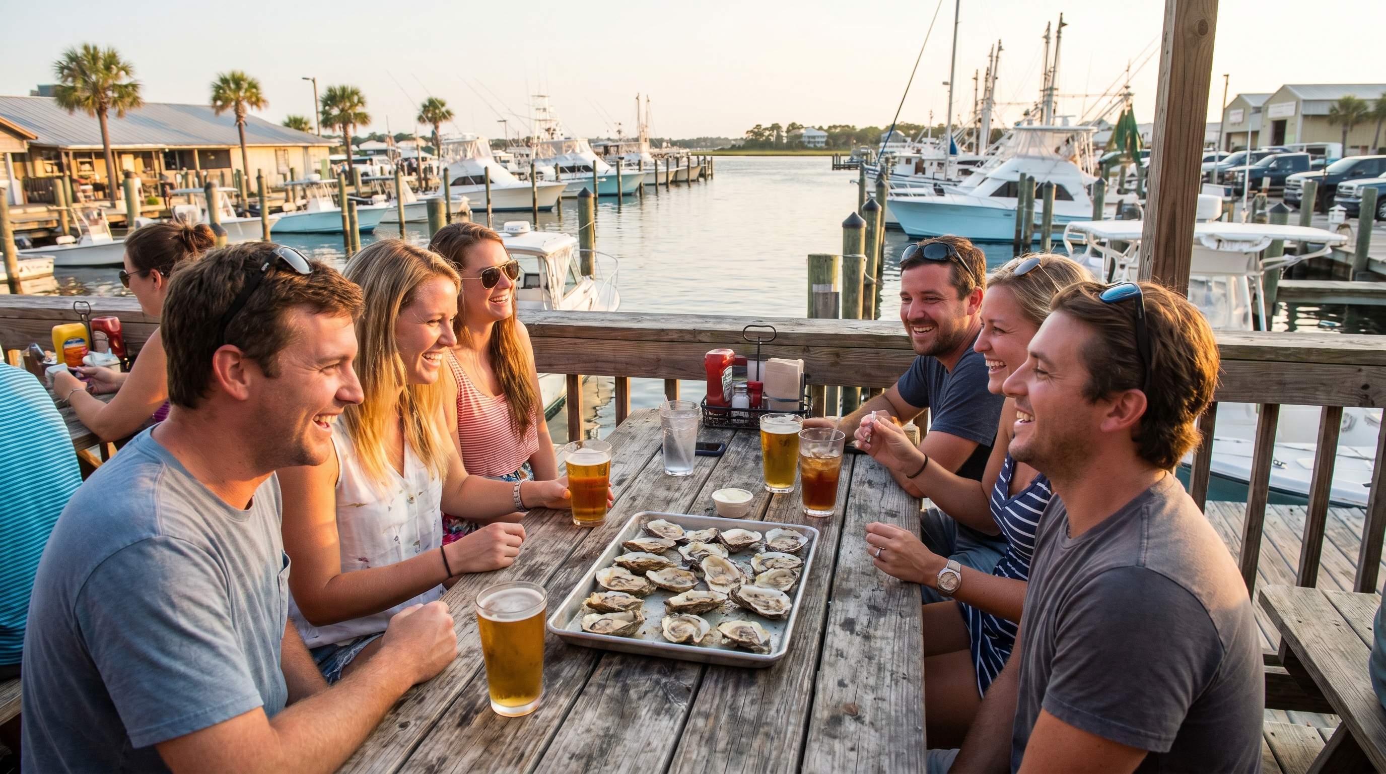 Chargrilled oysters and cold drinks on the outdoor waterfront deck of a Destin Florida seafood restaurant on a summer evening