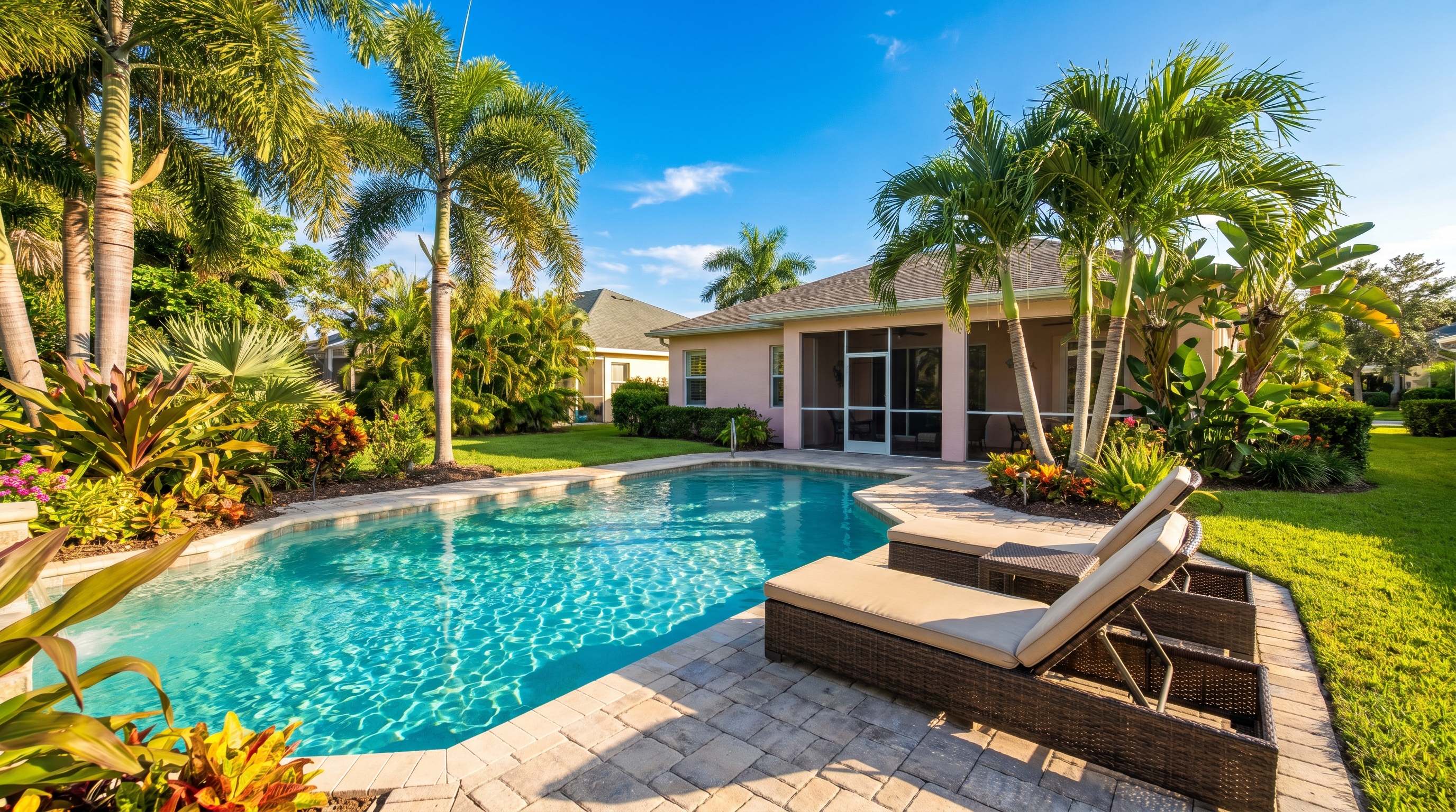Private pool in a Destin Florida vacation rental home with lounge chairs and palm trees on a sunny August afternoon