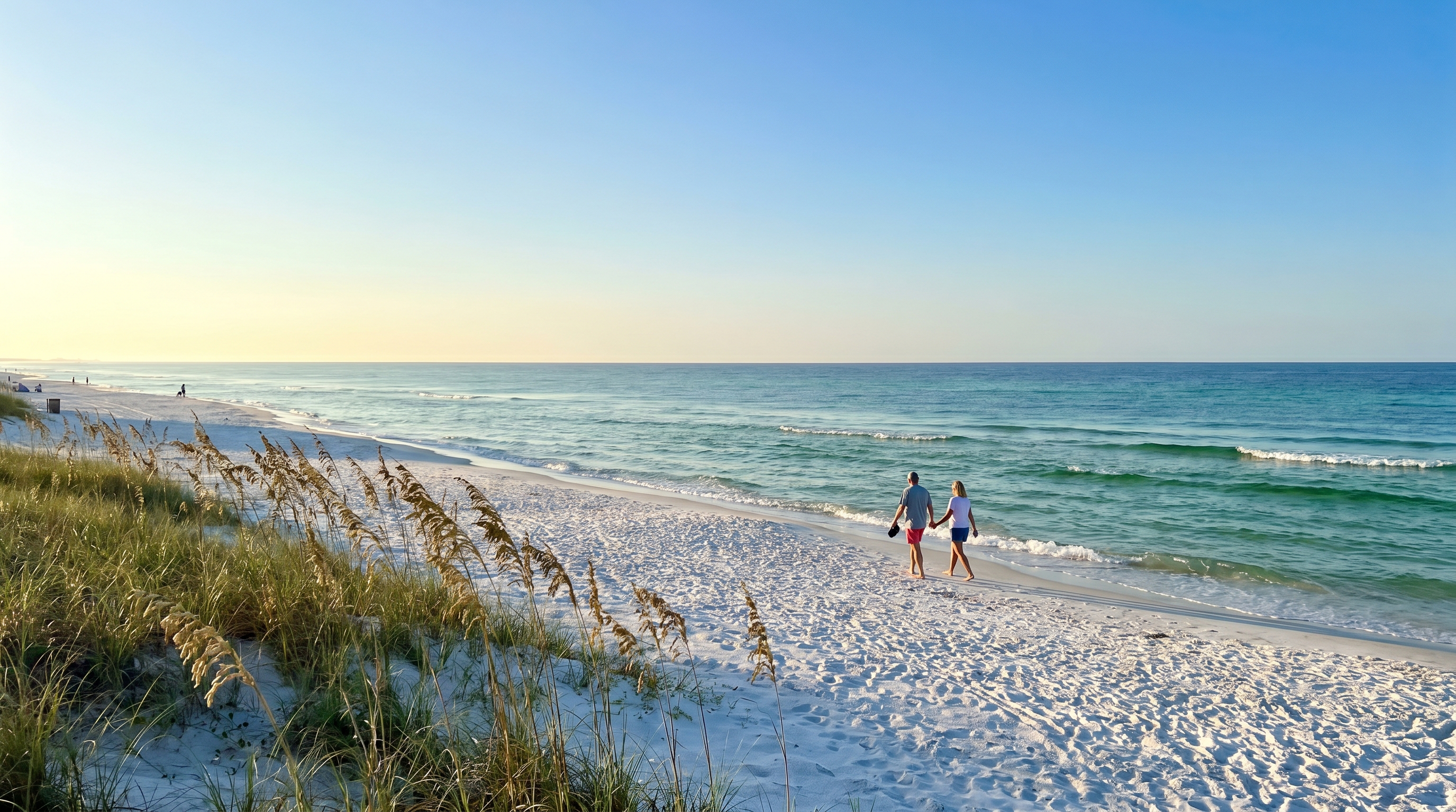 Morning blue sky over the emerald green Gulf of Mexico at Destin Florida in August with calm surf and white sand beach