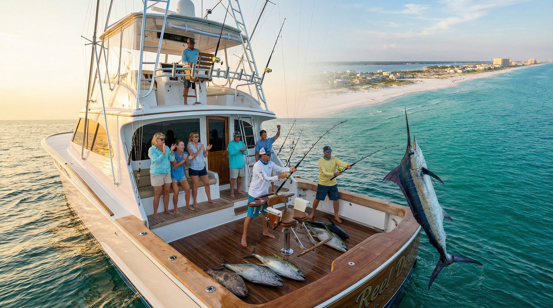 Anglers fishing from the East Jetty rocks at Norriego Point near Destin Harbor inlet Florida with a charter fishing boat in the channel