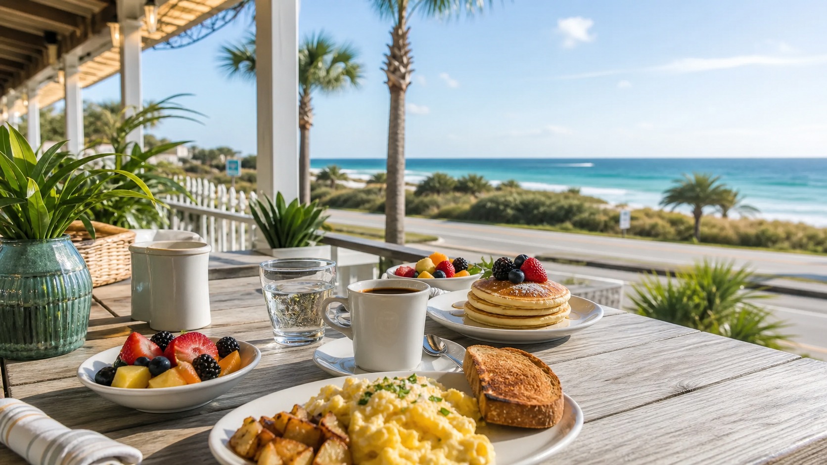 Elegant brunch spread at a Gulf-view restaurant along Scenic 30A near Seaside Florida, locally sourced seafood dishes and craft mimosas, warm morning light