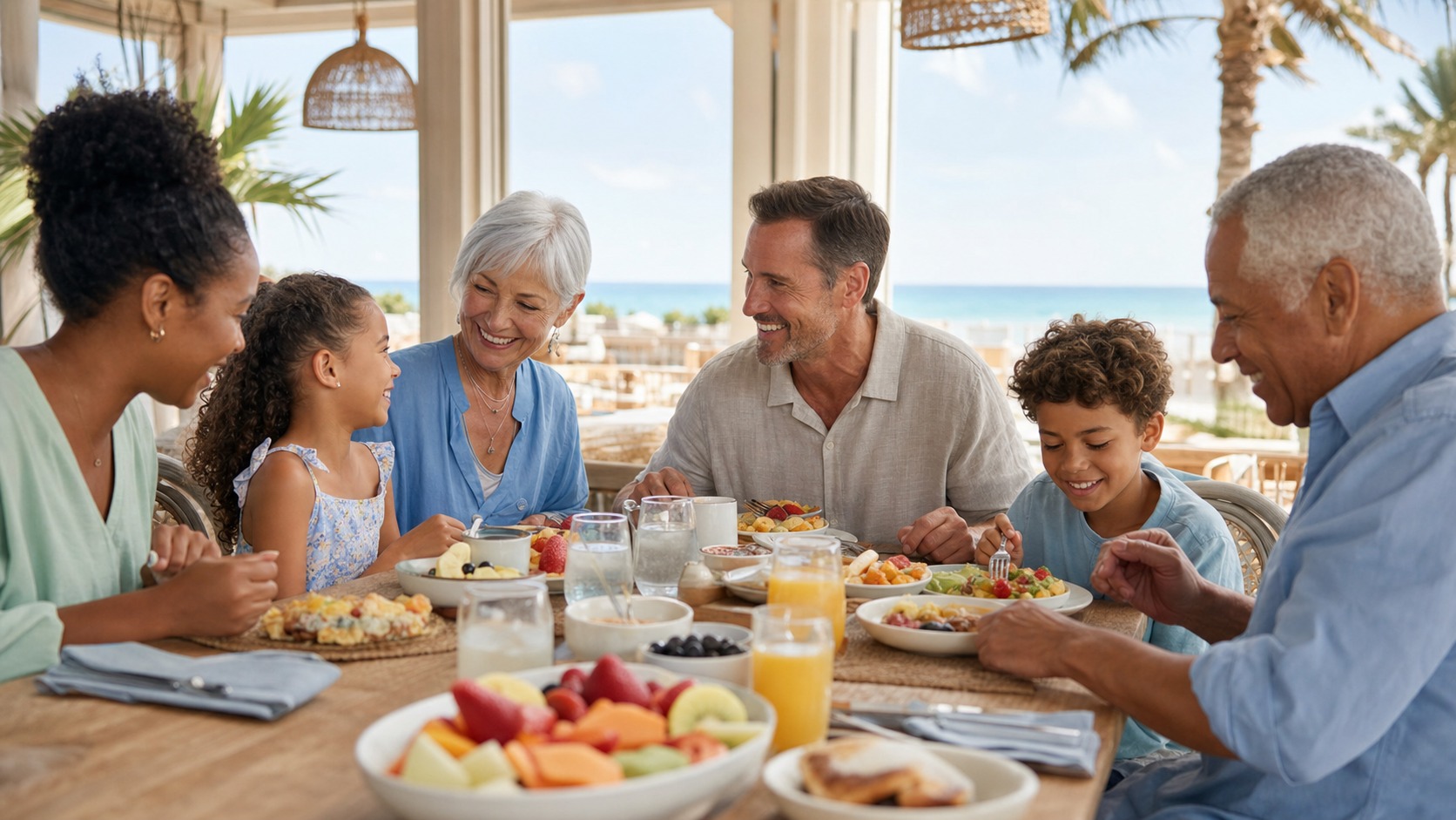 Multigenerational family group enjoying weekend brunch at an outdoor table at a casual Destin Florida restaurant, plates of pancakes and tropical fruit, sunshine and palm trees