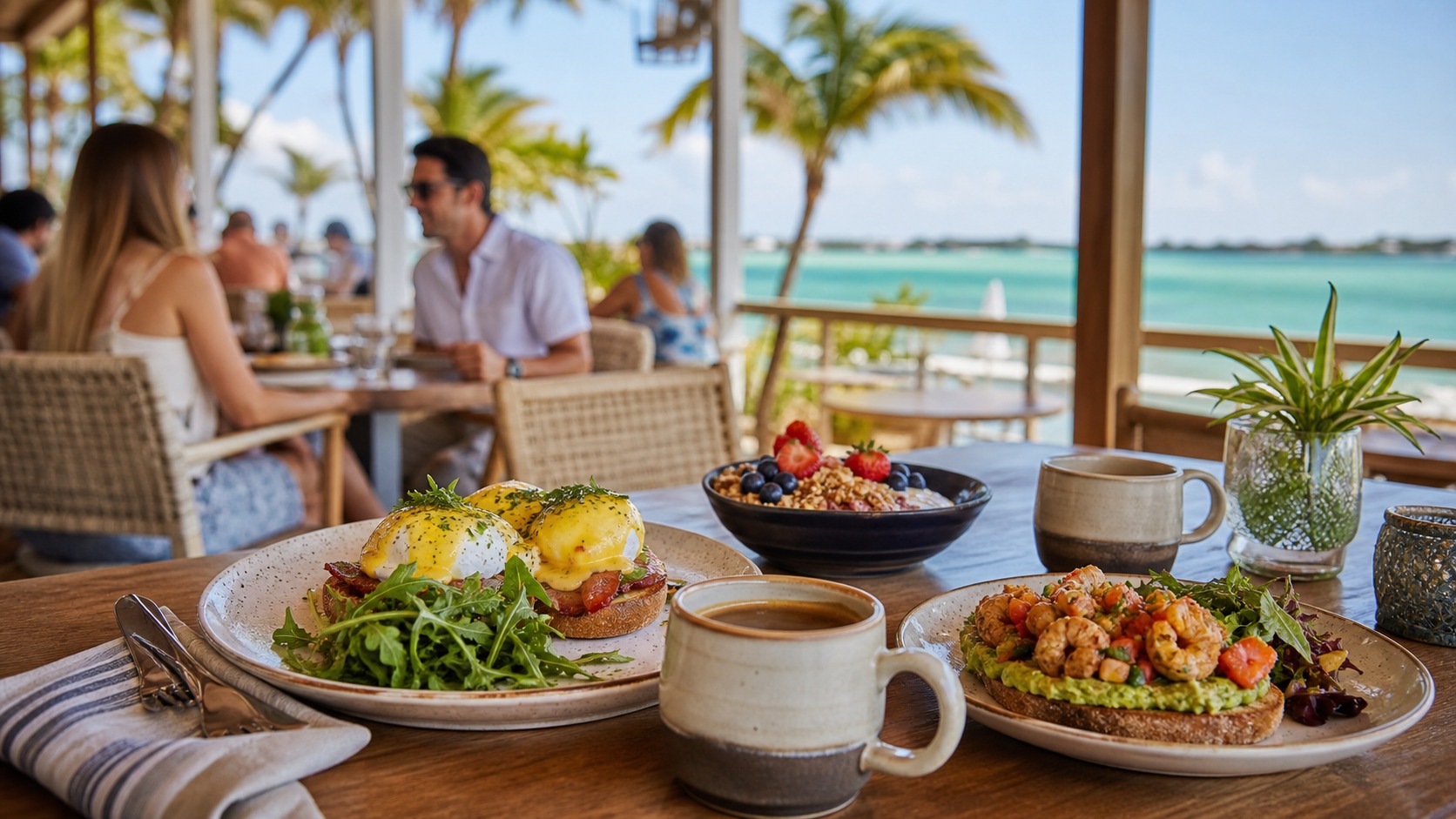 Busy weekend brunch at a popular local restaurant in Destin Florida with families at tables, plates of eggs benedict and pancakes, mimosas in tall glasses