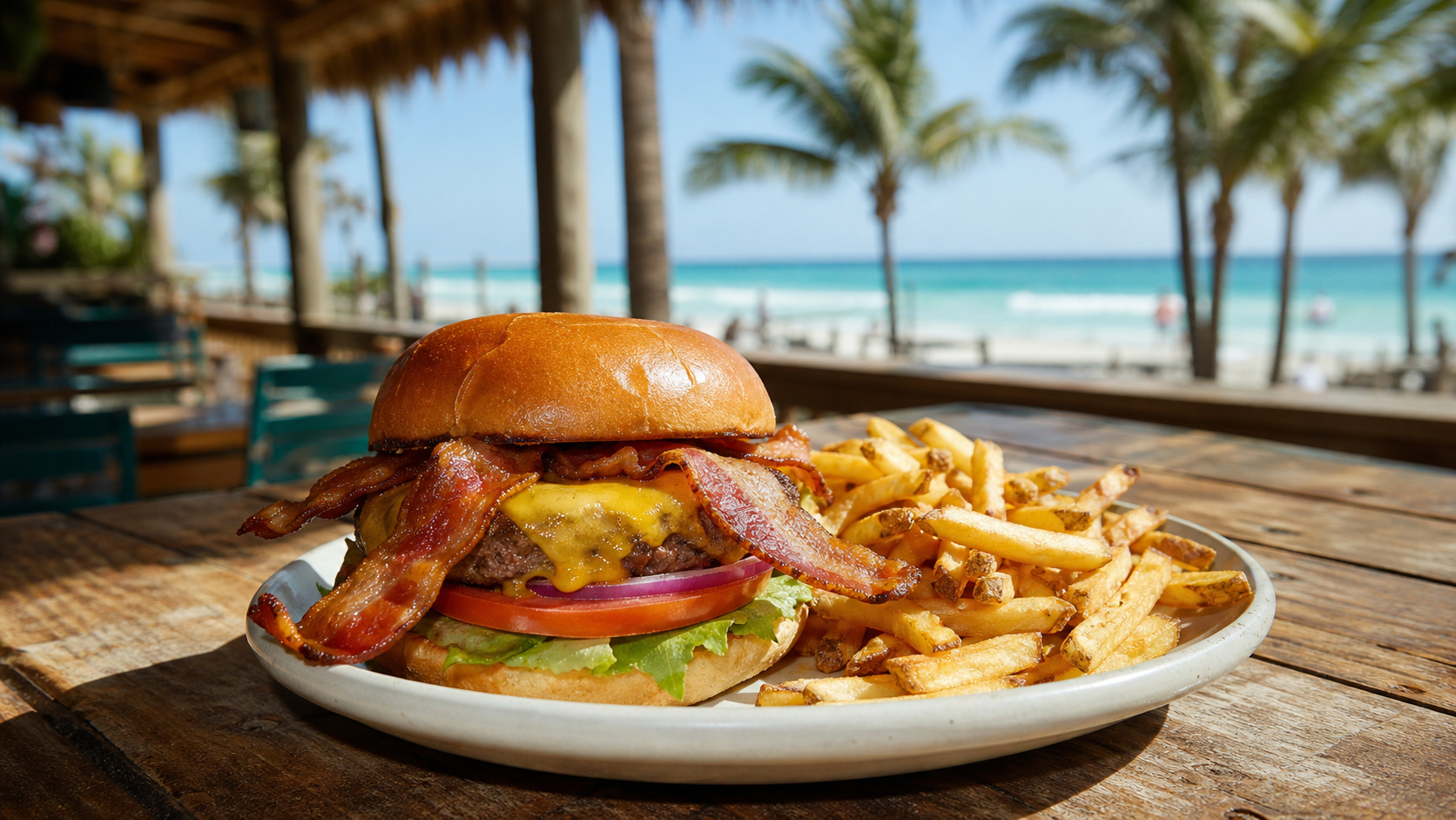 Loaded cheeseburger with bacon and crispy fries at Fudpucker's Beachside Bar and Grill in Destin Florida with palm trees visible through the outdoor dining windows