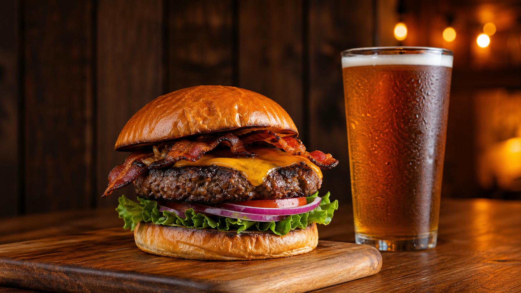 A thick half-pound pub-style burger on a wooden board next to a pint of amber beer inside McGuire's Irish Pub in Fort Walton Beach Florida with dollar bills covering the walls in the background