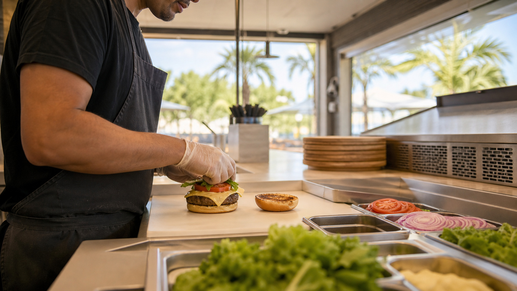Counter service restaurant with fresh burger ingredients being assembled at a casual fast-casual spot near Destin Florida shopping area