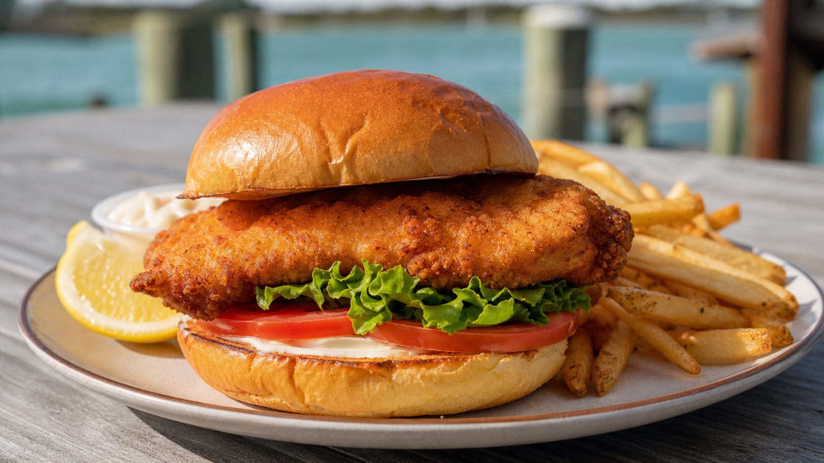 Close-up of a golden crispy fried grouper sandwich on a toasted brioche bun with shredded coleslaw and remoulade sauce in a basket at a casual Destin Florida waterfront restaurant