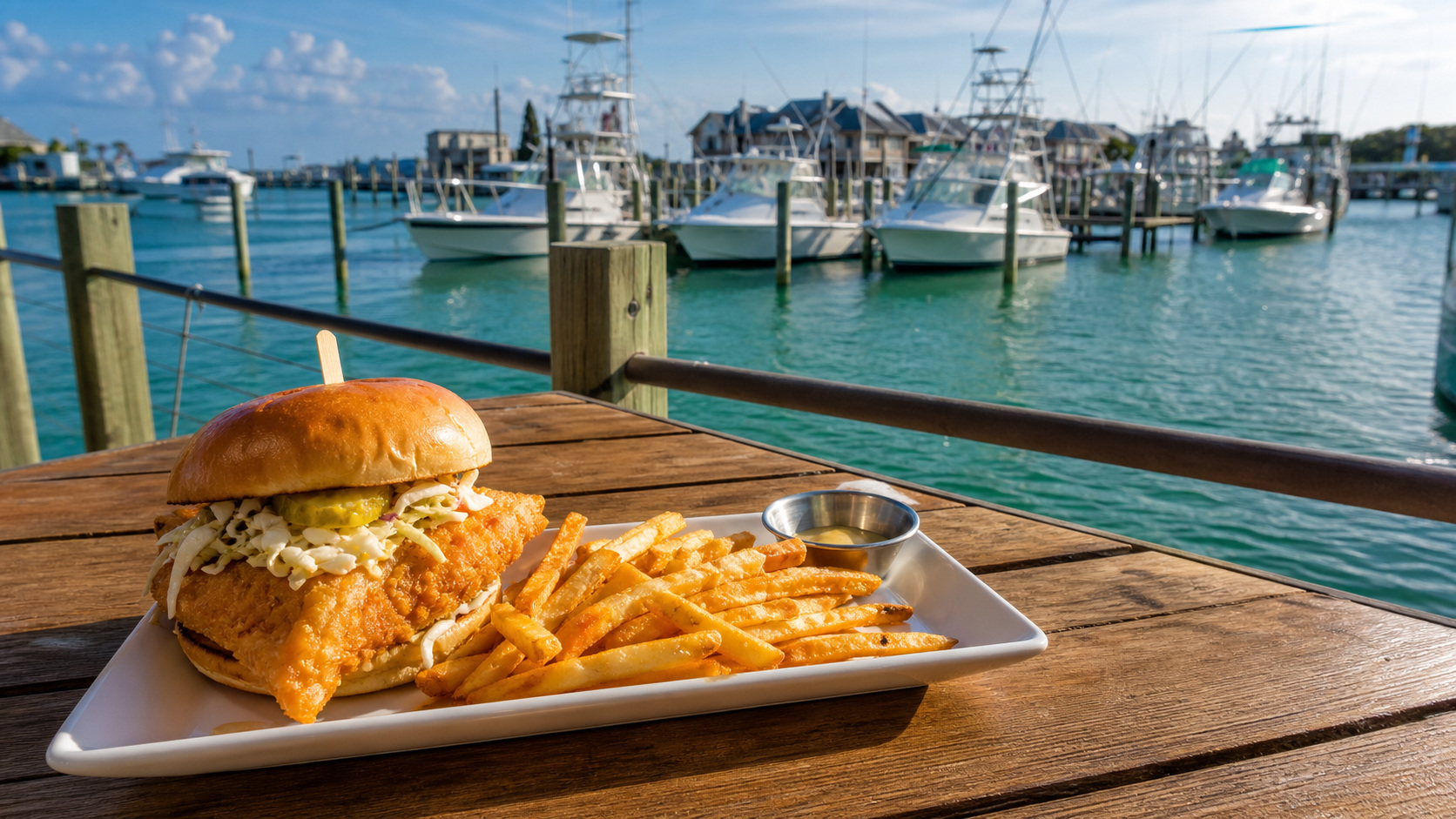 Couple eating grouper sandwiches at an outdoor table on a wooden waterfront deck at Destin Harbor with fishing boats and emerald Gulf water in the background at sunset
