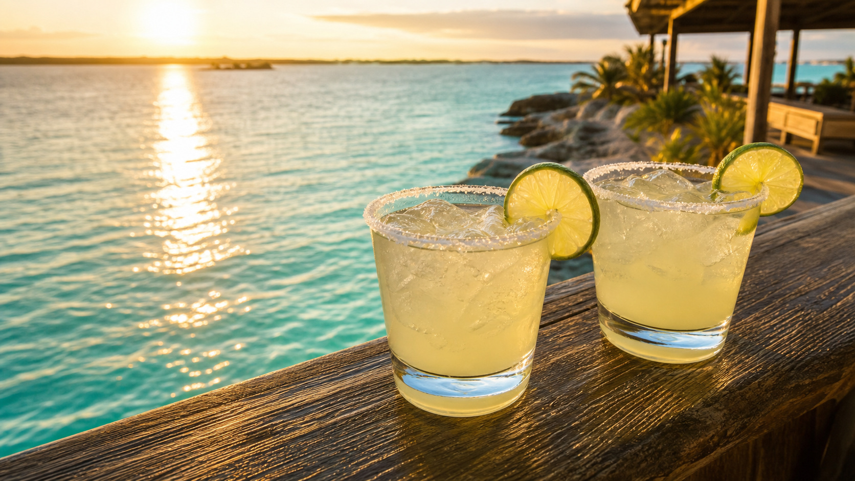Two salt-rimmed margaritas at an outdoor bar overlooking the turquoise Gulf of Mexico in Destin Florida at golden hour