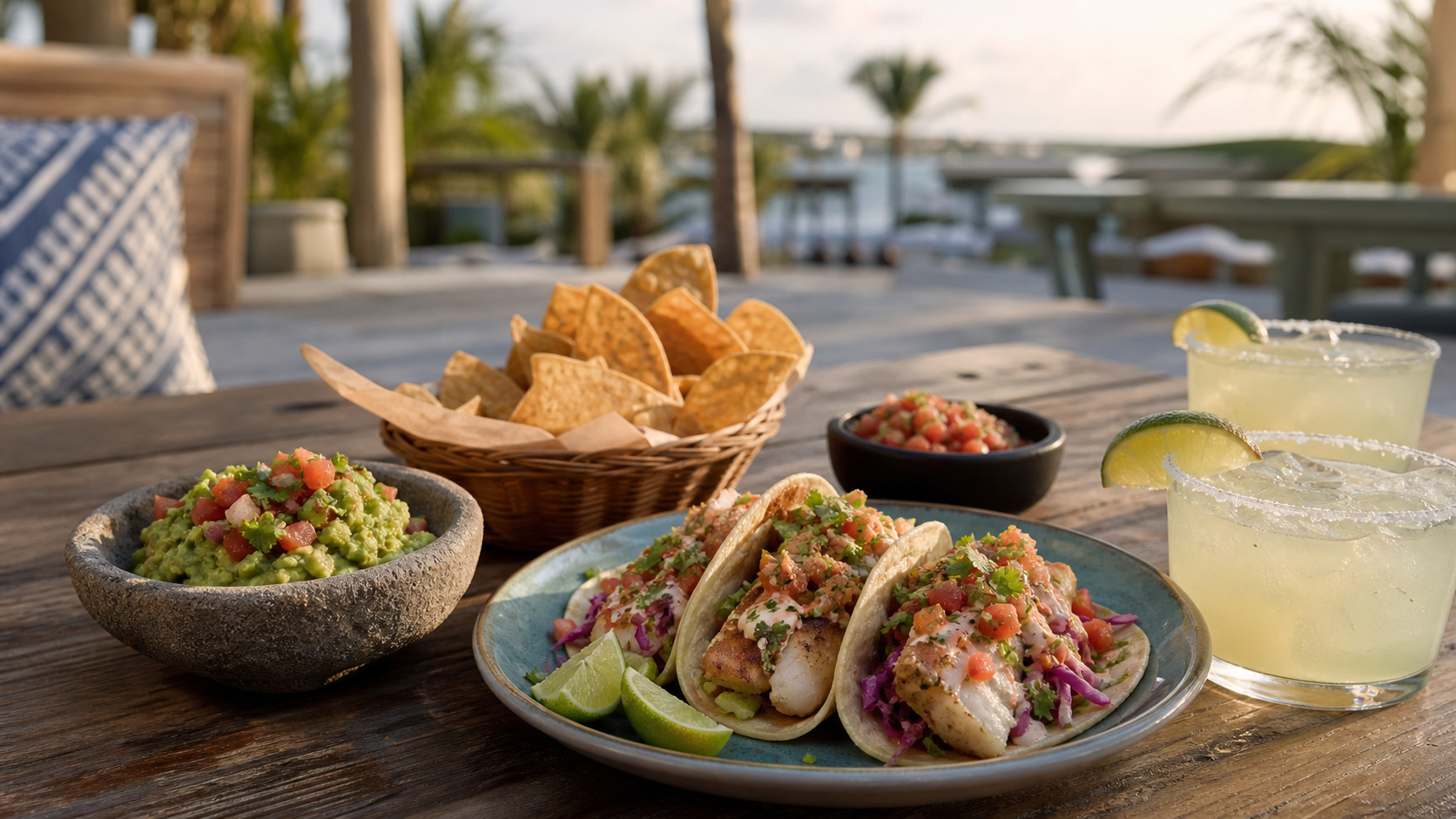Vibrant spread of Mexican food — tacos, fresh guacamole, chips and margaritas — on a restaurant table in Destin Florida