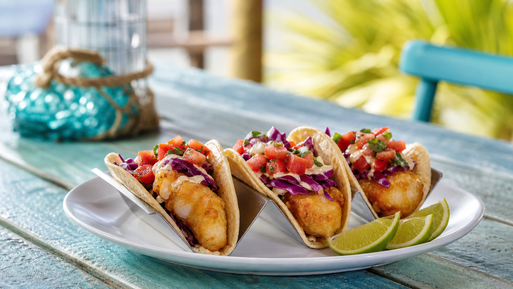 Plate of street-style fish tacos with crispy beer-battered mahi, purple cabbage slaw and lime wedges at a casual Destin Florida restaurant