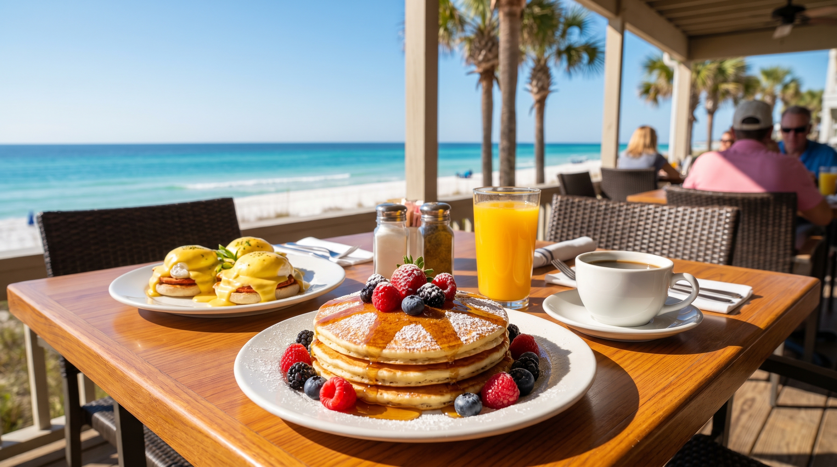 Beautiful brunch spread — stacked pancakes, eggs benedict, orange juice, Gulf view