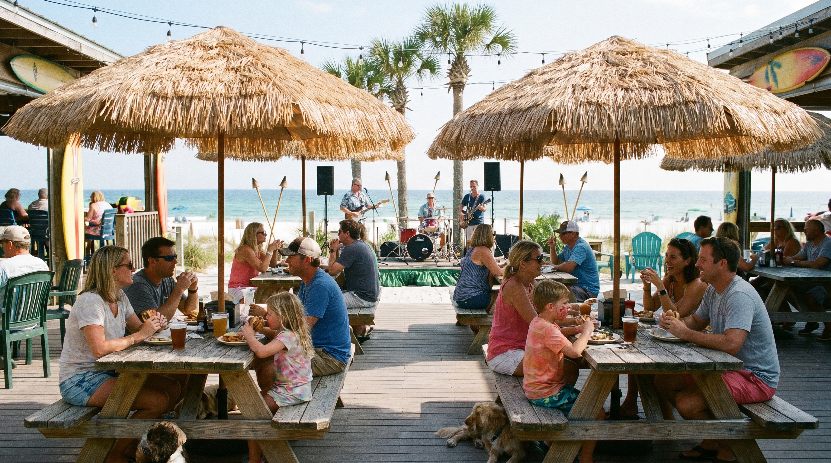 Casual beachside dining — families at picnic tables, tiki decor, live music