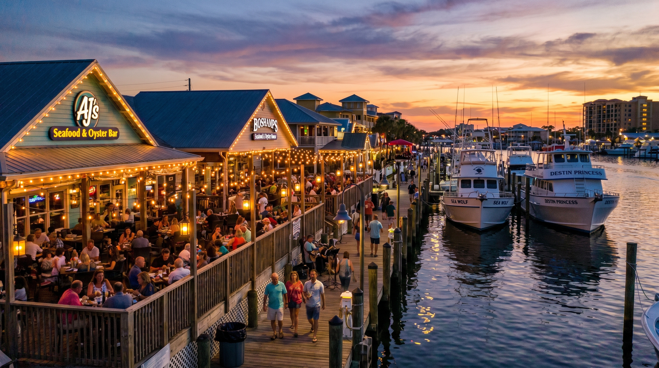 Evening at Destin Harbor boardwalk — waterfront restaurants, string lights, charter boats