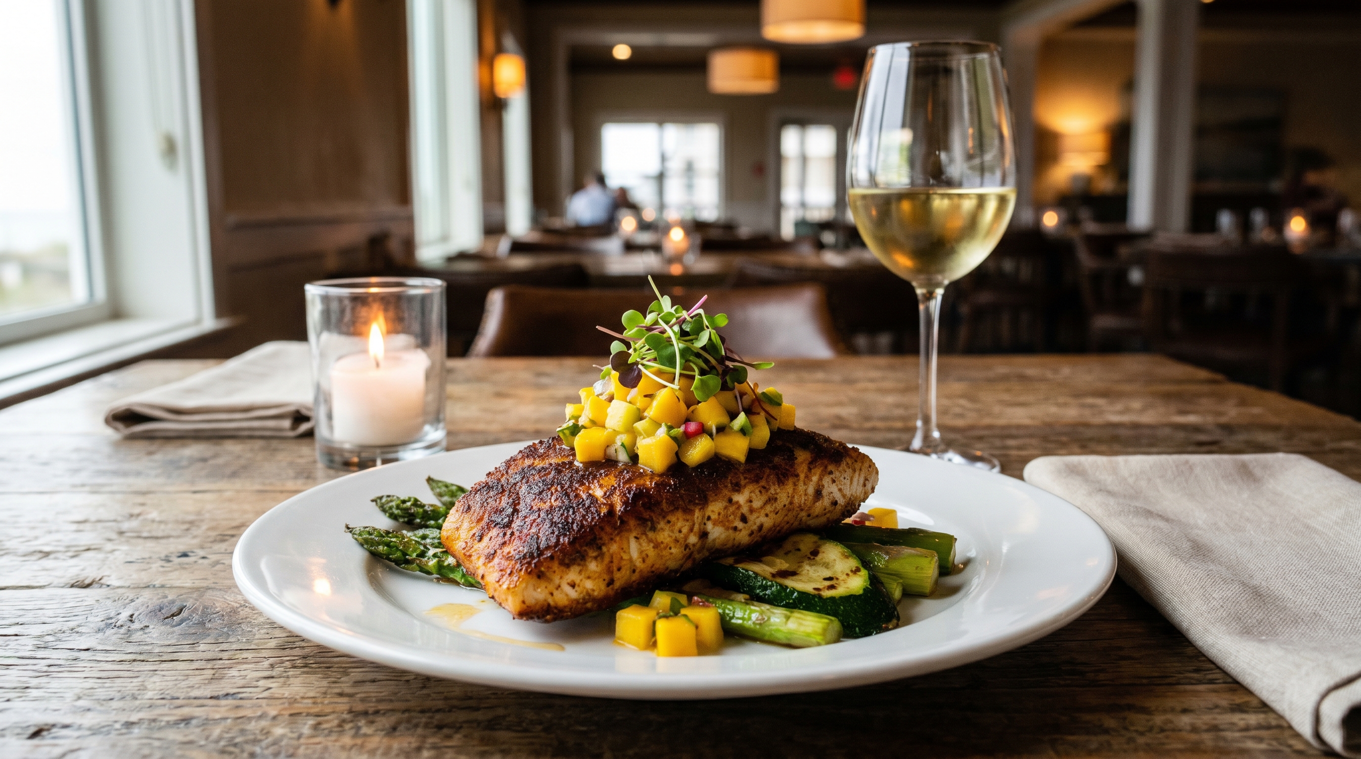 Blackened grouper plated with mango salsa at a Destin restaurant