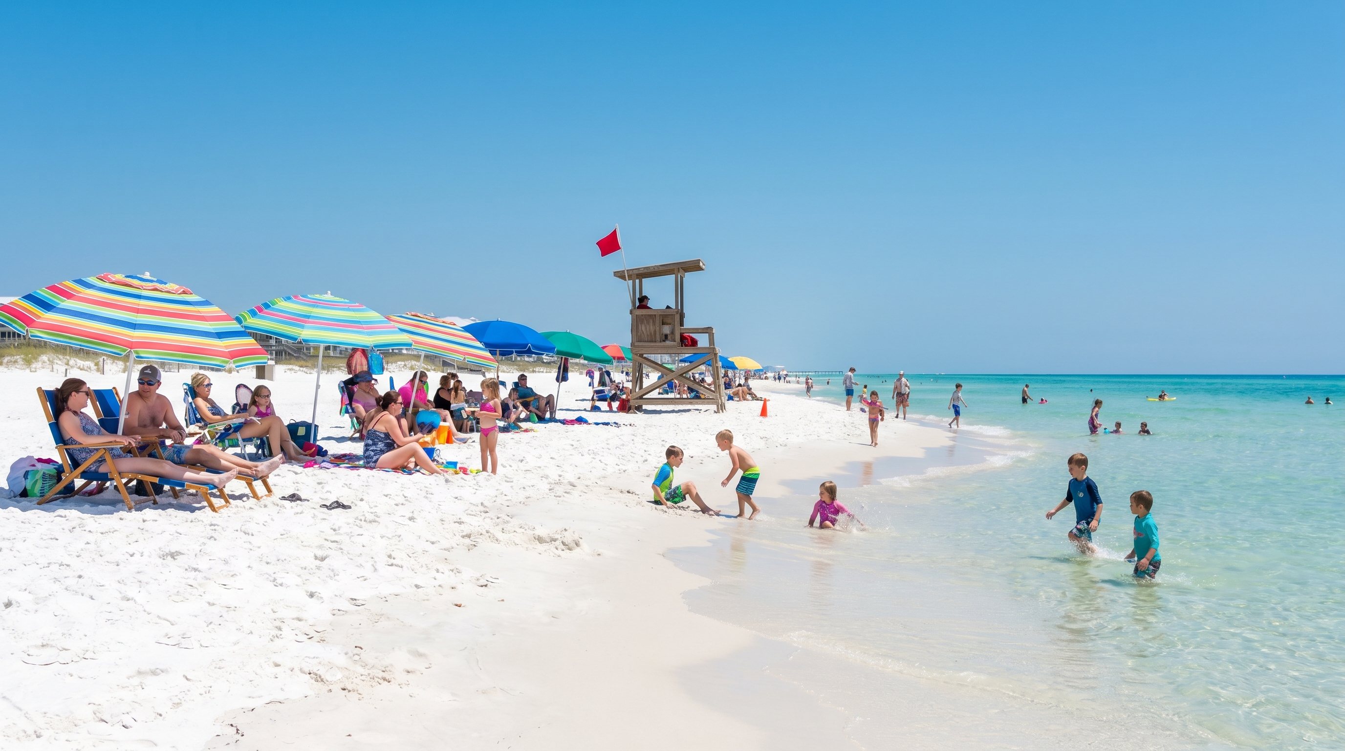 Clear blue skies and turquoise water on a Destin beach during peak season