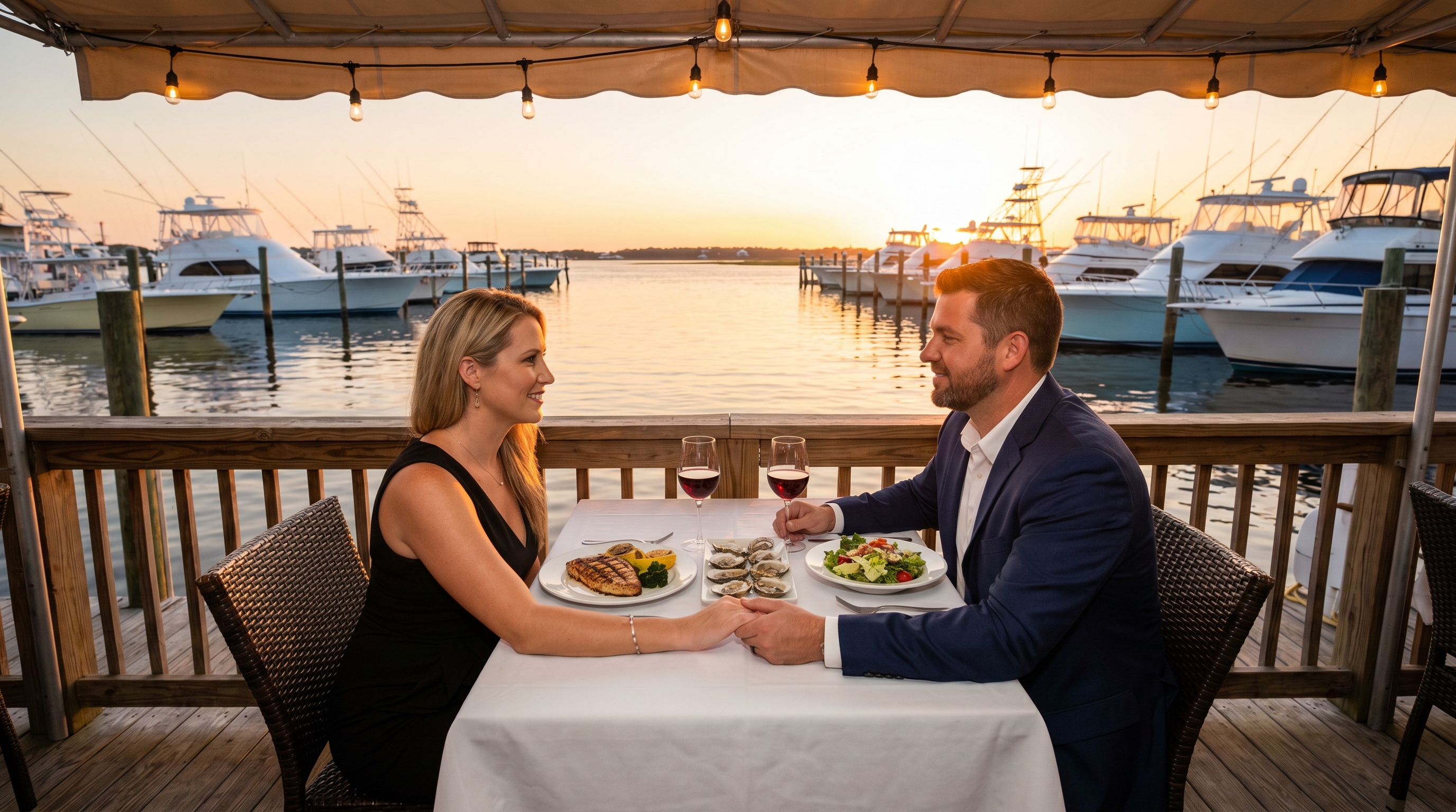 Couple walking along the shoreline at sunset in Destin