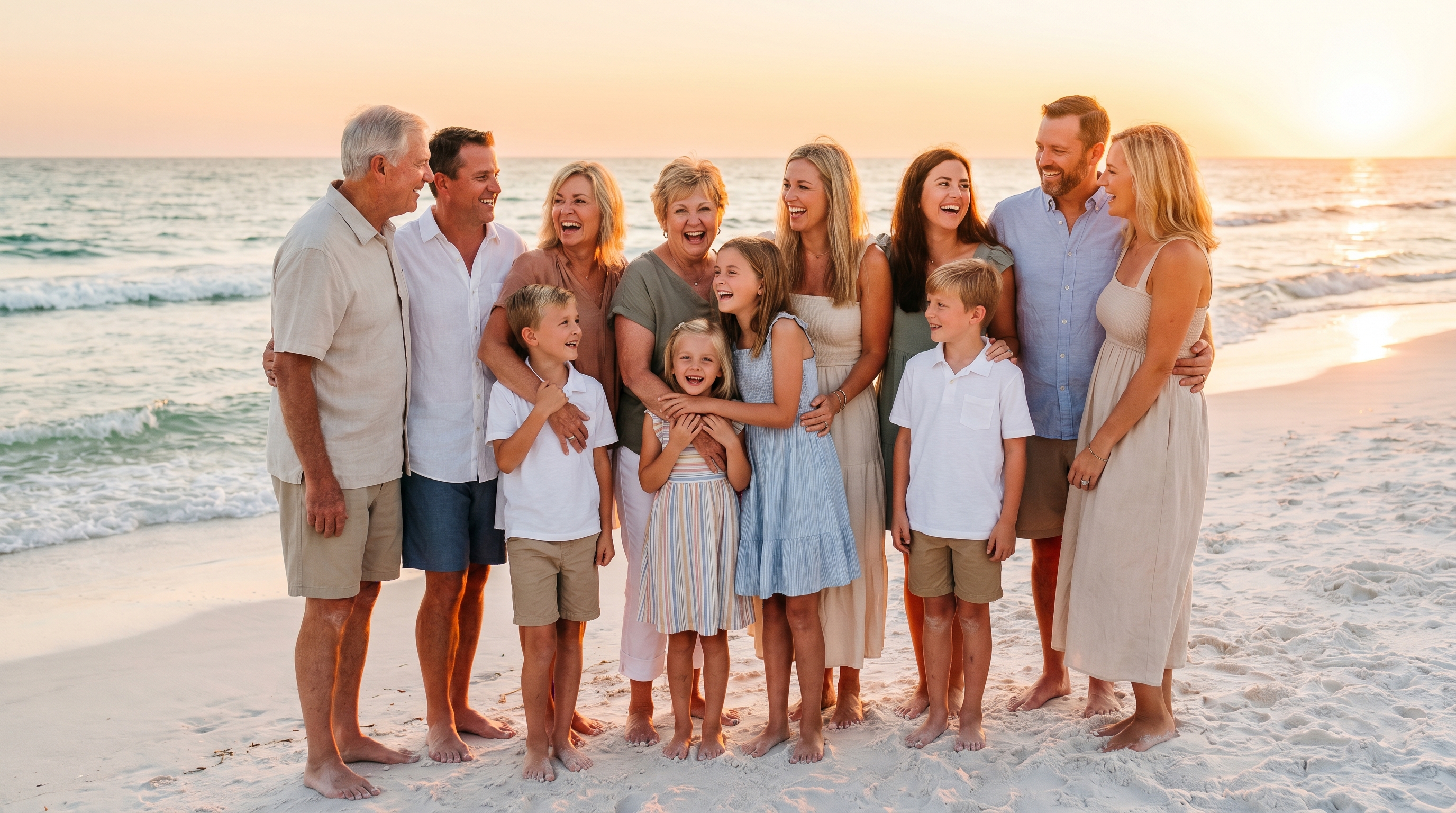 Family building sandcastles on Destin beach with kids
