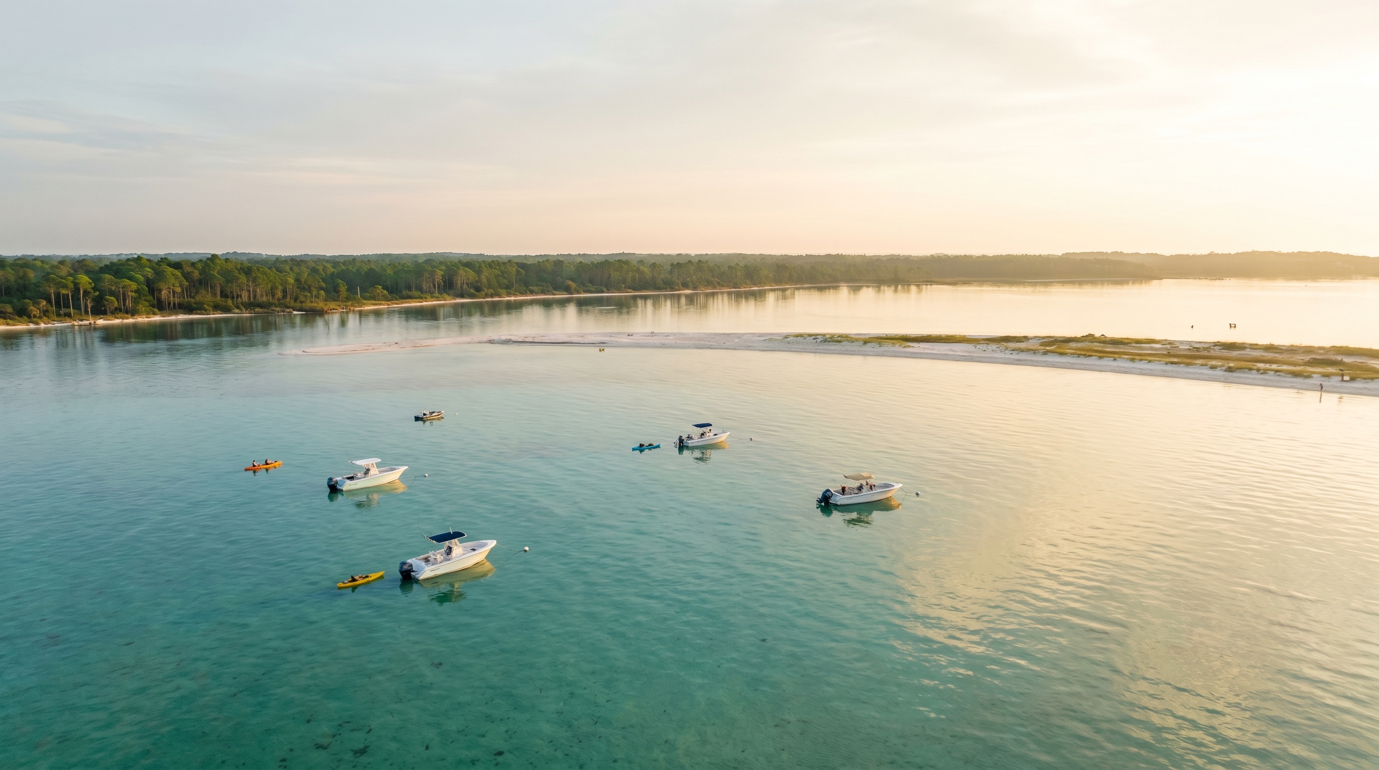 Calm morning at Crab Island Destin with only a handful of boats on the water before the summer crowds arrive