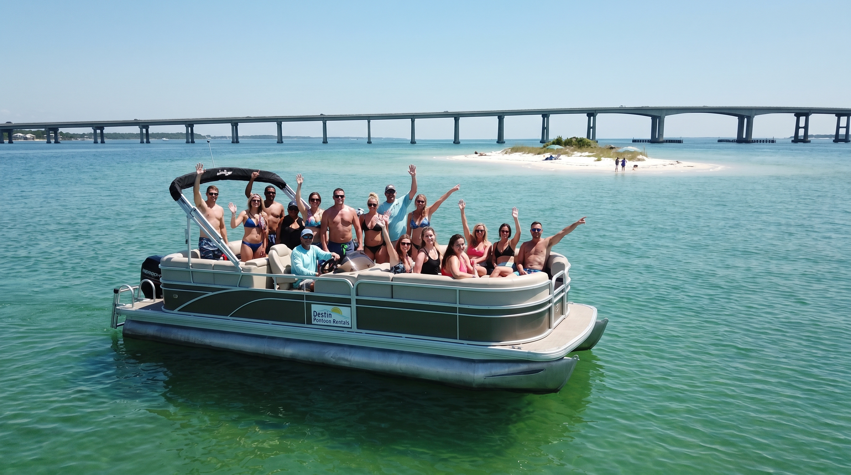 Water taxi boat heading toward Crab Island in Destin with the Mid-Bay Bridge visible in the background on a sunny day