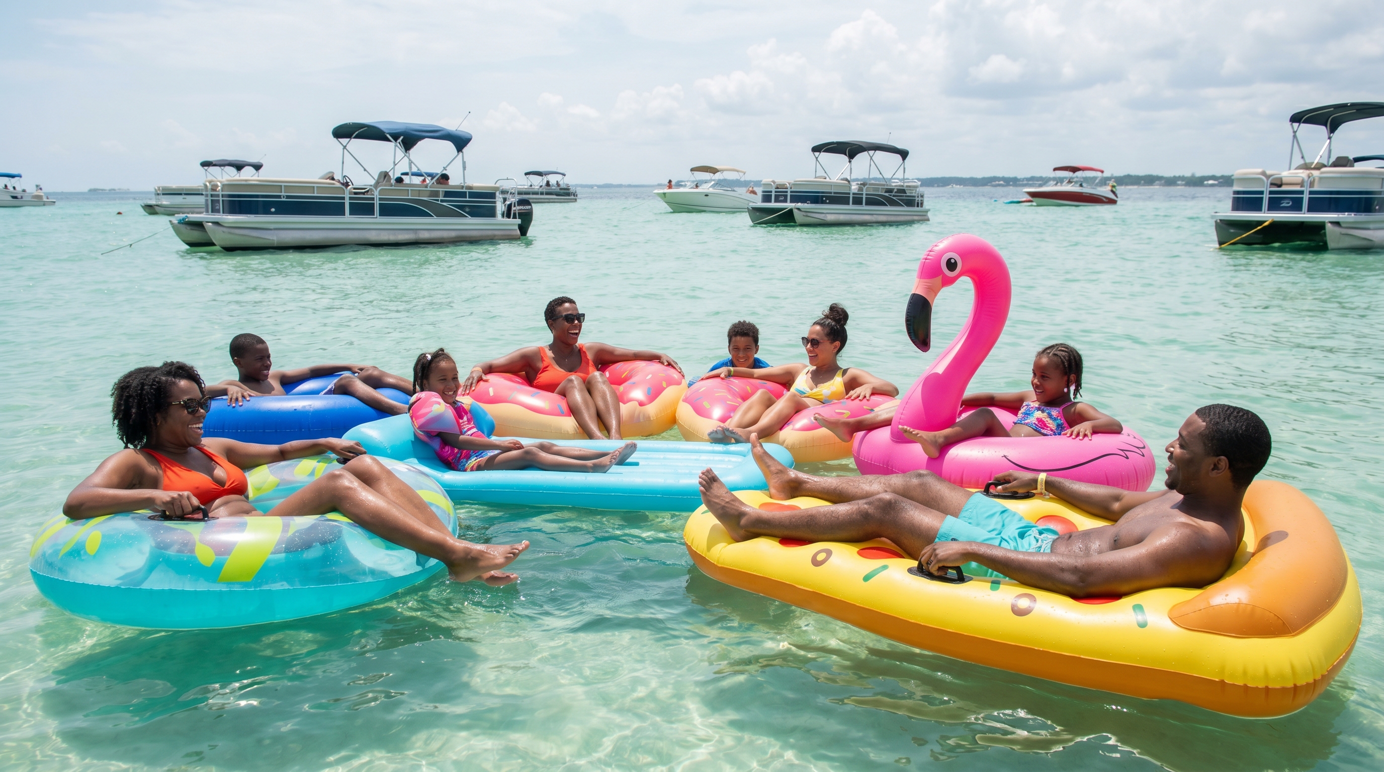 Family floating on colorful inflatable tubes in the shallow turquoise water at Crab Island Destin on a sunny summer day