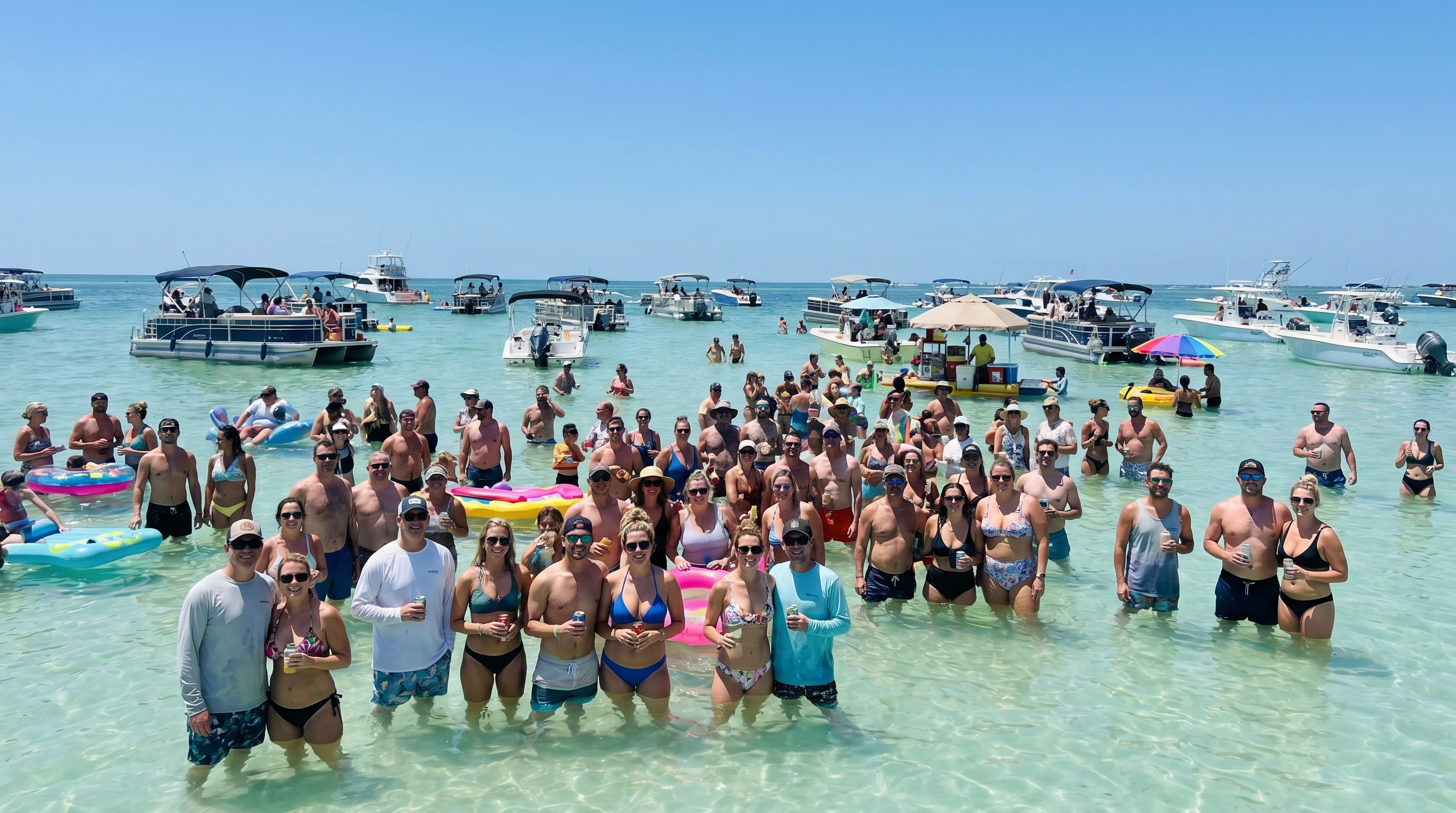 Aerial view of Crab Island Destin with dozens of boats anchored around the shallow sandbar in Choctawhatchee Bay