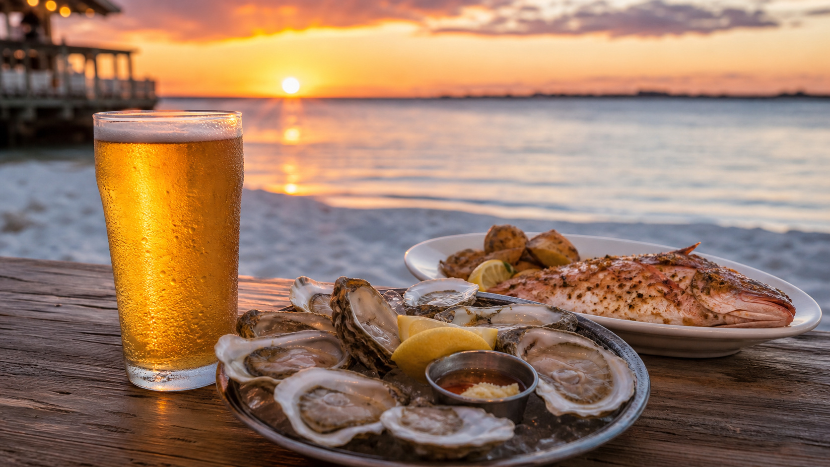 Craft beer pint glass beside fresh Gulf oysters on the half shell and grilled red snapper on a rustic wooden table with a Gulf Coast sunset view in Destin Florida