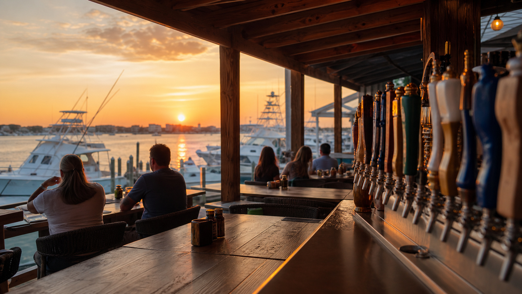 Outdoor waterfront bar at a seafood restaurant in Destin Harbor with craft beer tap handles, patrons at wooden tables overlooking the harbor at sunset