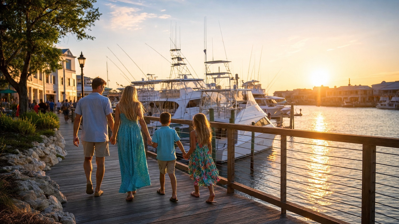 Family walking along HarborWalk Village boardwalk in Destin Florida at golden hour with charter fishing boats docked behind them and the harbor glowing in warm evening light