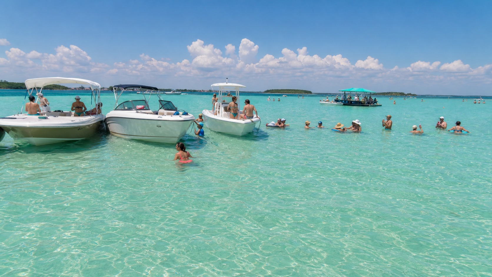 Crab Island Destin Florida with boats rafted up in crystal-clear turquoise shallow water, people floating and wading near a floating food vendor on a bright summer day