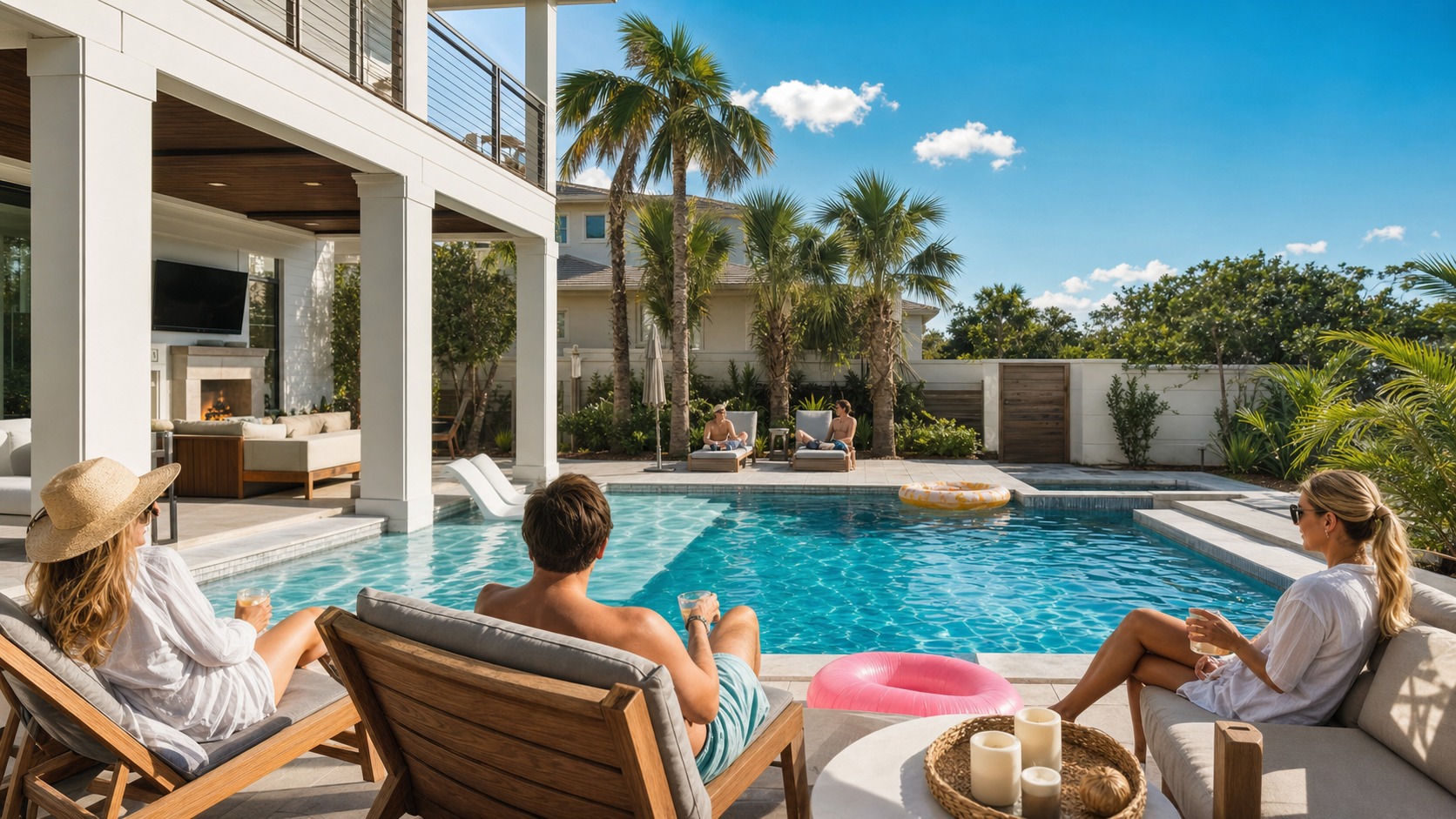 Group of adults relaxing by a private pool at a vacation rental home in Miramar Beach Florida on a sunny afternoon, palm trees and blue sky, comfortable outdoor furniture and pool floats