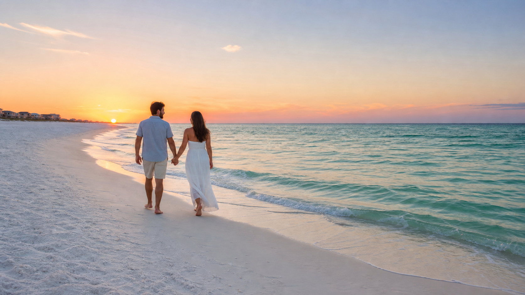 Couple walking hand in hand on a wide empty white sand beach at sunrise in Destin Florida with emerald green Gulf water