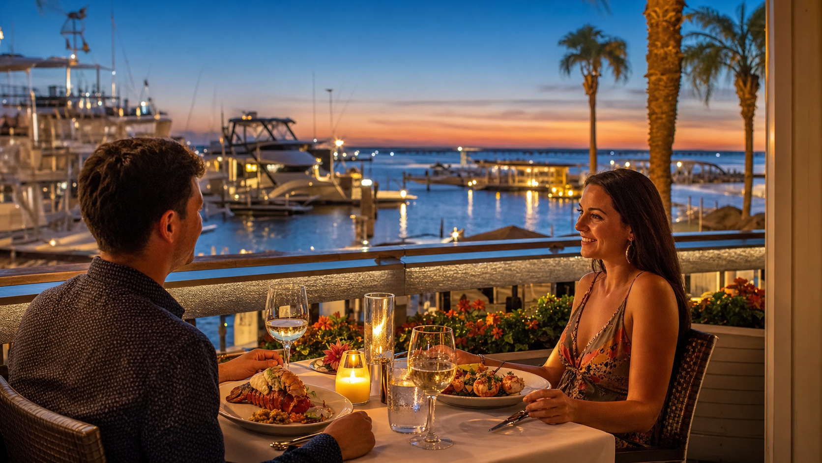 Romantic outdoor waterfront dinner for two at a Destin Florida seafood restaurant at twilight with candles and harbor views
