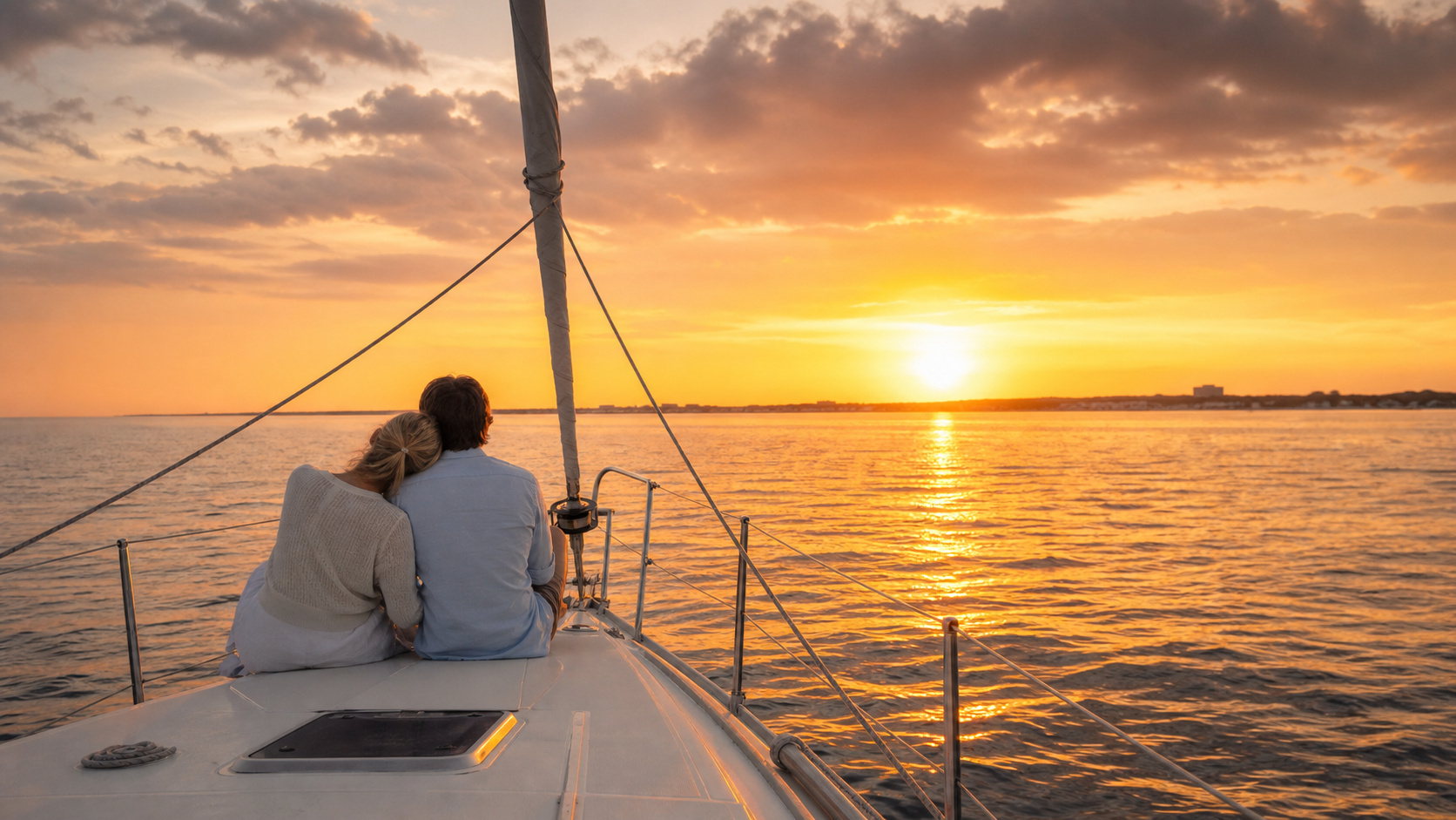 Couple sitting on the bow of a sailboat during a golden hour sunset cruise on the Gulf of Mexico near Destin Florida