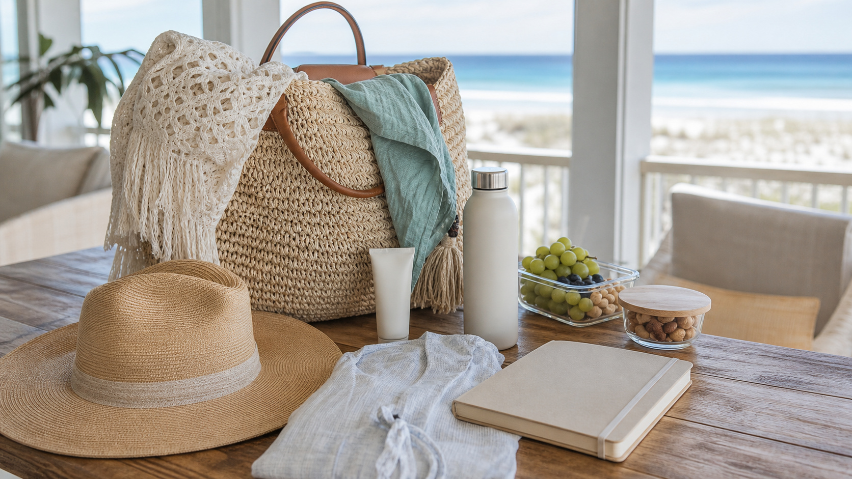 Beach bag with mineral sunscreen, a wide-brim hat, water bottle, healthy snacks and a pregnancy book laid out on a wooden table before a Destin trip