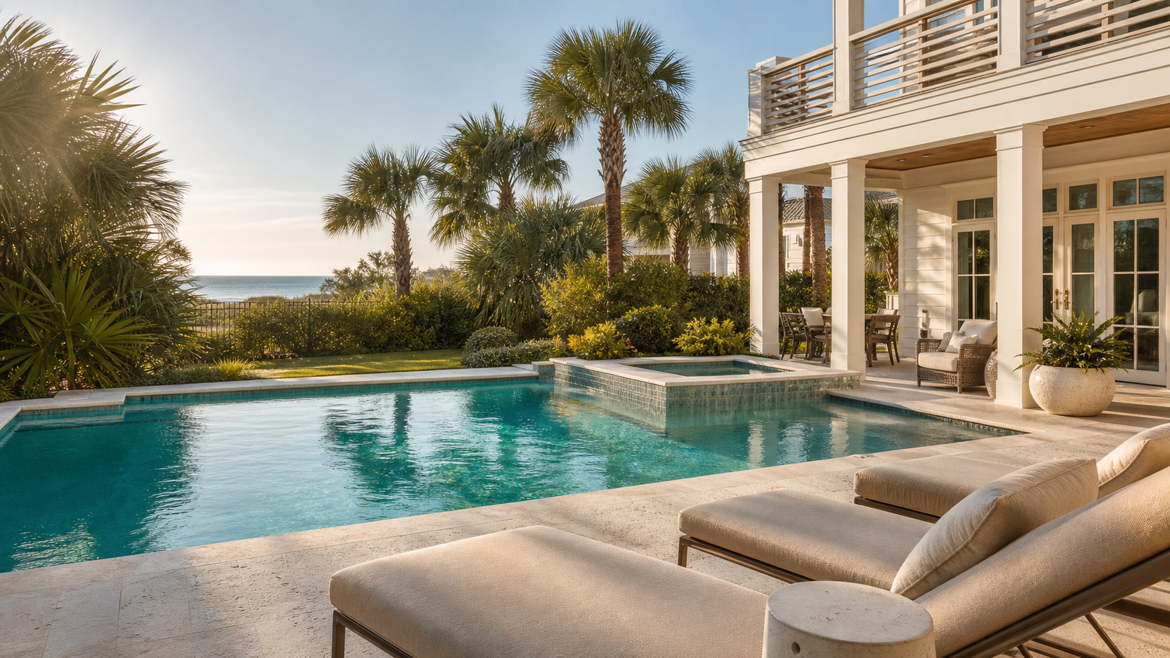 Private pool at a vacation rental in Miramar Beach Florida with turquoise water, lush tropical landscaping, and morning sunlight