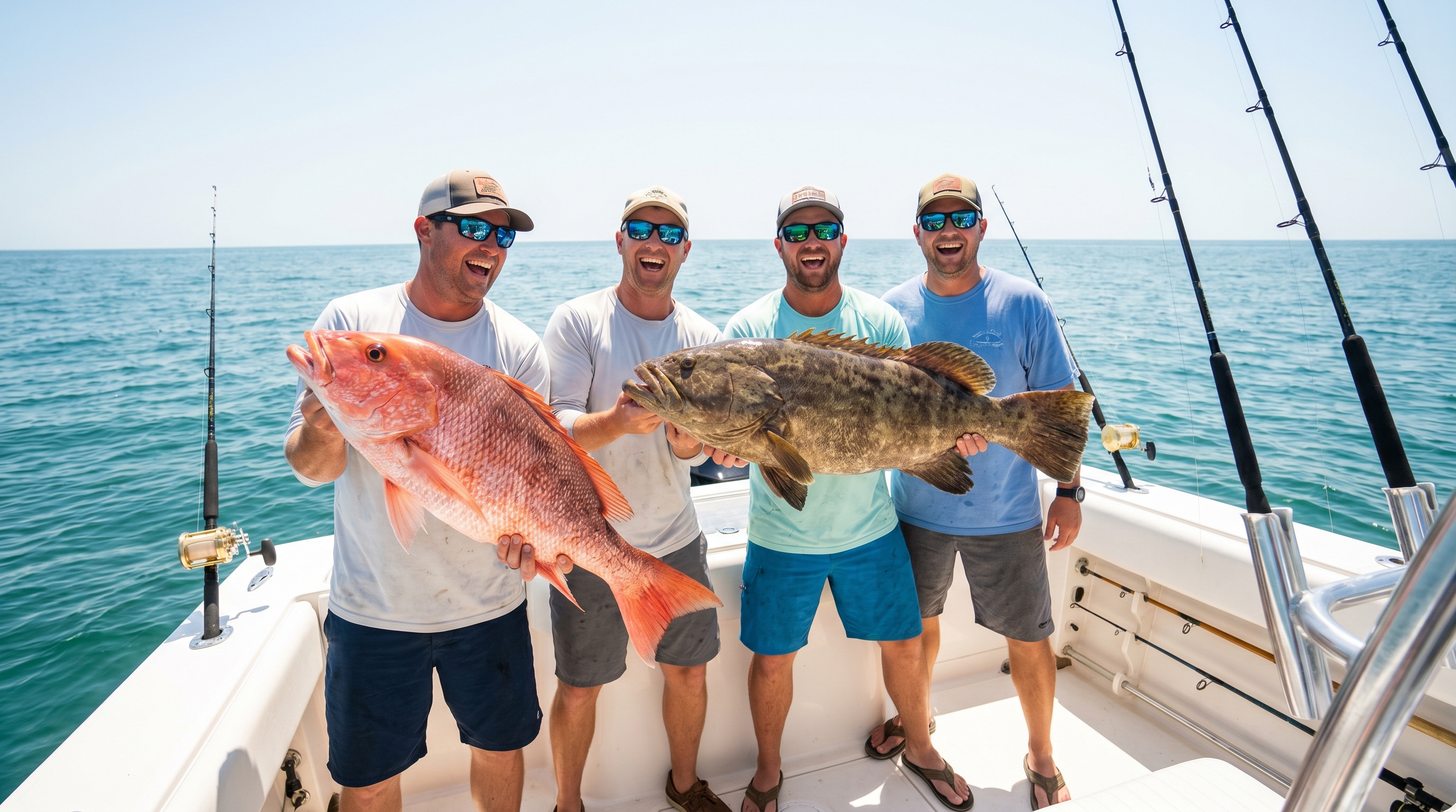 Men holding large red snapper and grouper catches on a deep sea fishing charter in the Gulf of Mexico off Destin Florida