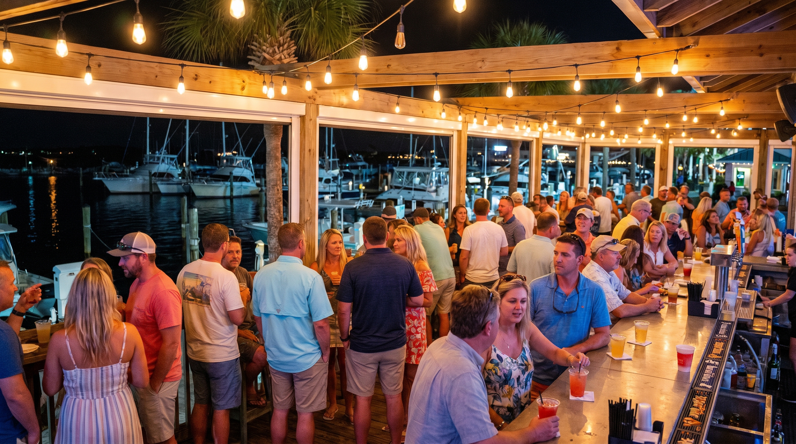 Lively outdoor bar scene at HarborWalk Village in Destin Florida at night with string lights and waterfront views