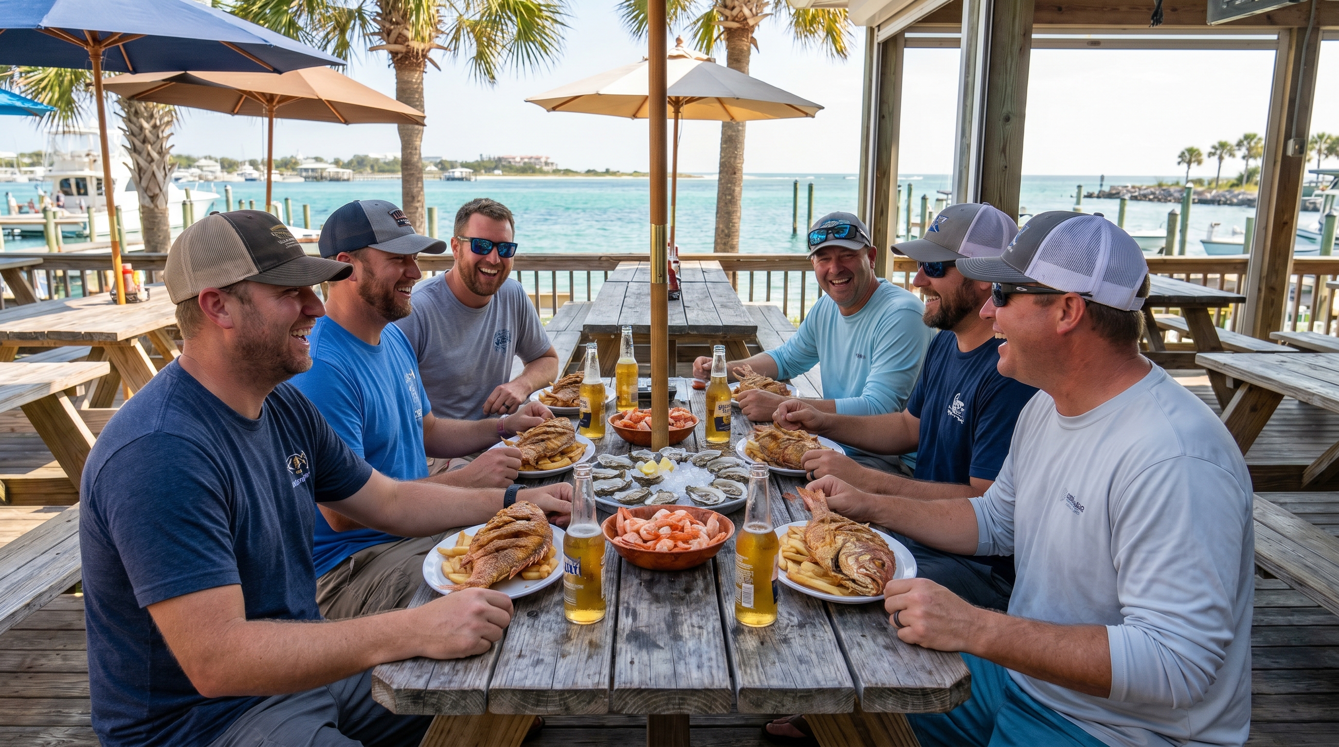 Group of men at a large outdoor table sharing a seafood feast at a casual waterfront restaurant in Destin Florida