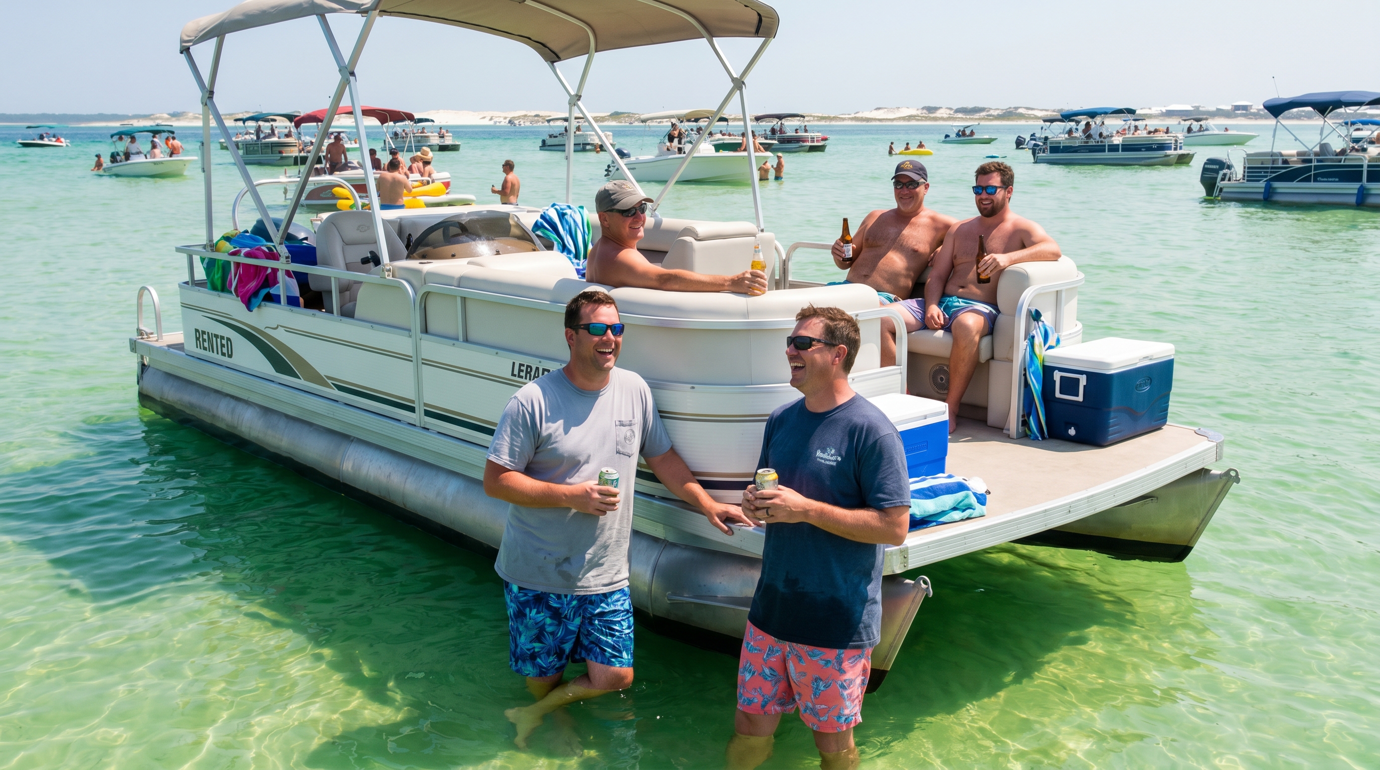 Group of men on a rented pontoon boat anchored at Crab Island Destin with emerald green water and other boats around them