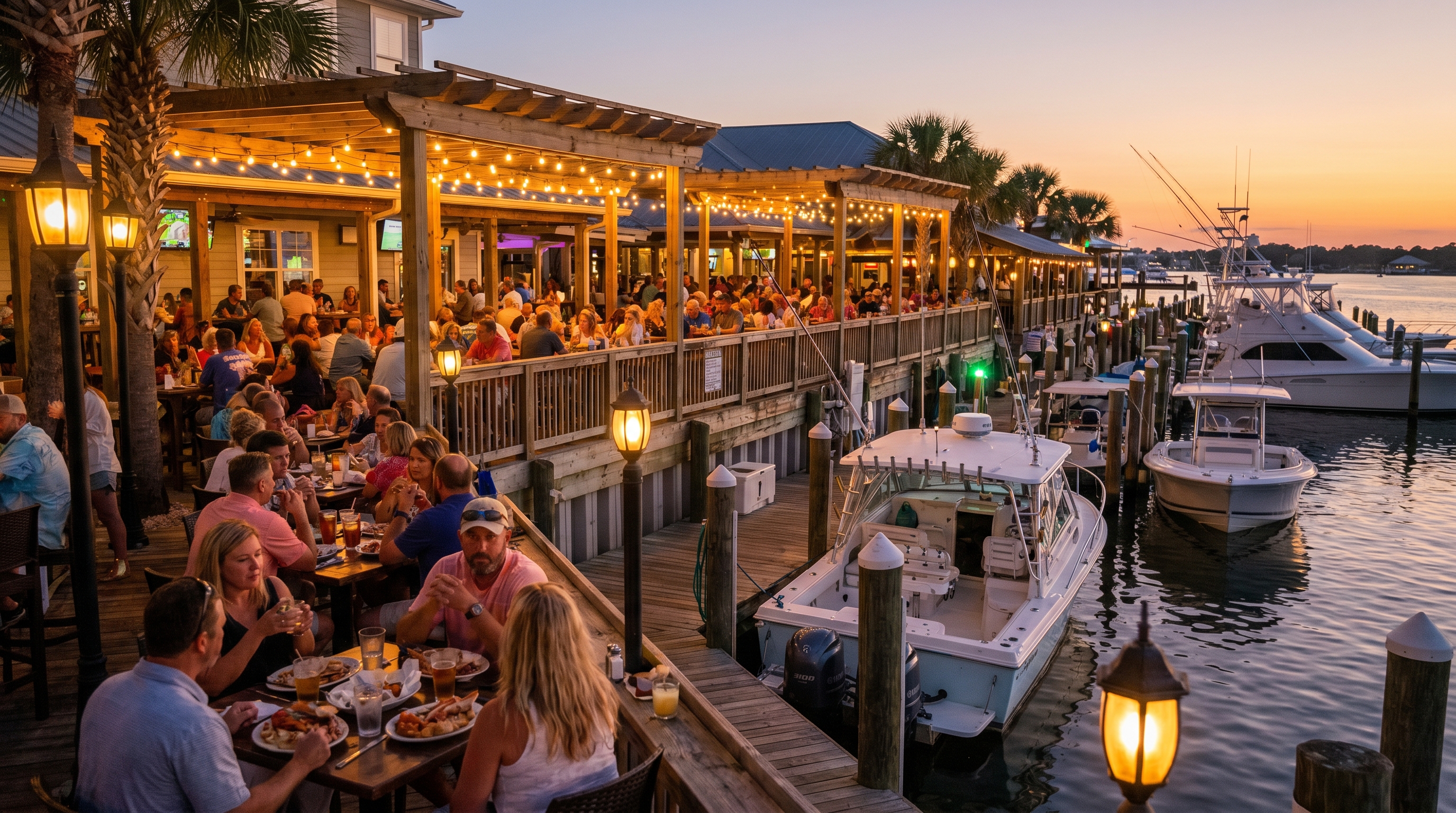 Waterfront bar scene at Destin Harbor Boardwalk at night with string lights and crowds