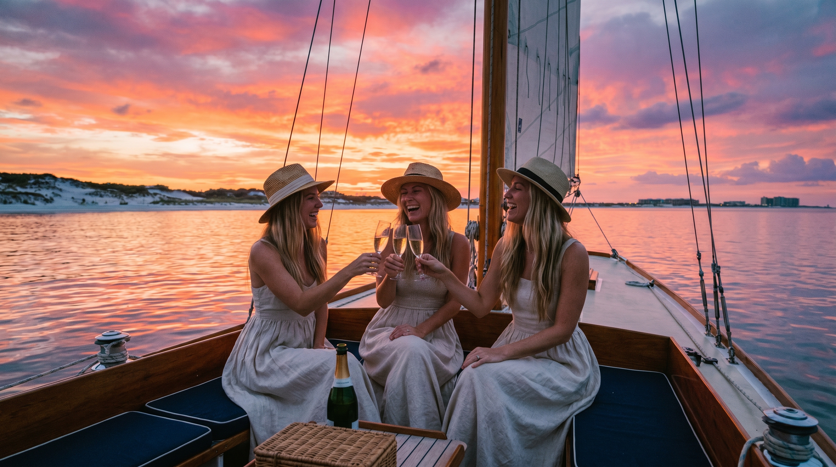 Women toasting champagne on a sunset sailing cruise on the Destin Gulf waters