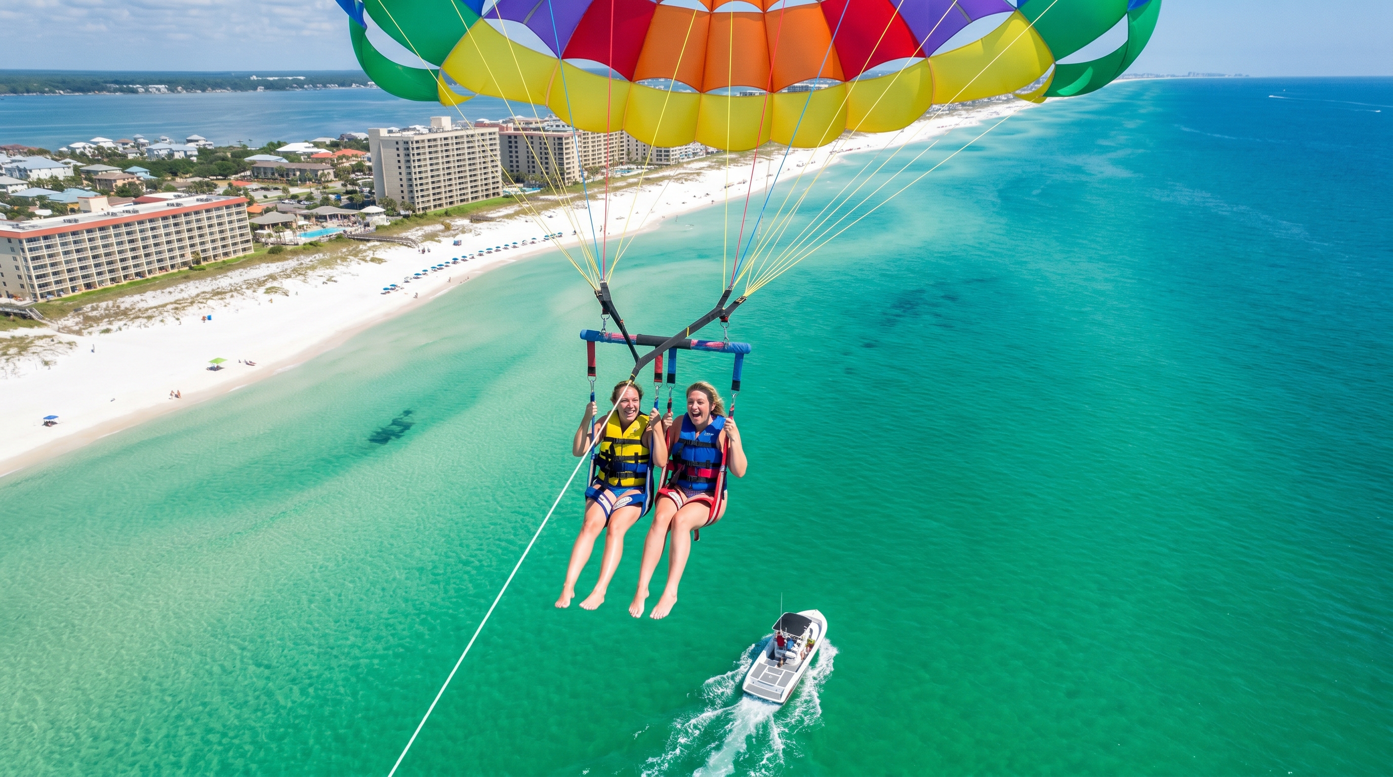 Women parasailing over the emerald green Gulf waters near Destin Florida