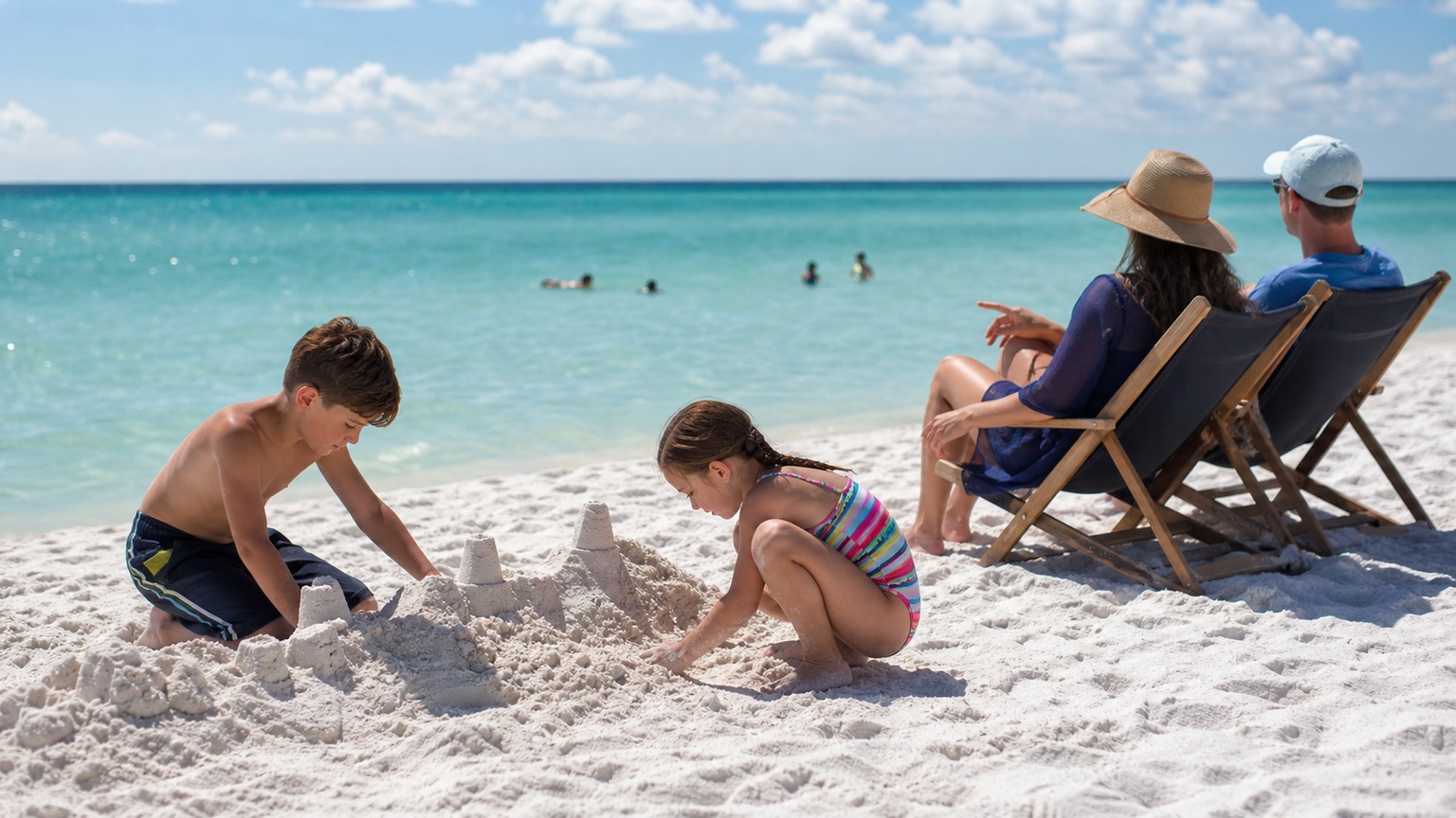 Family enjoying a beach day in Destin Florida with children building a sandcastle in white sand near the emerald Gulf of Mexico, parents swimming in crystal clear water nearby