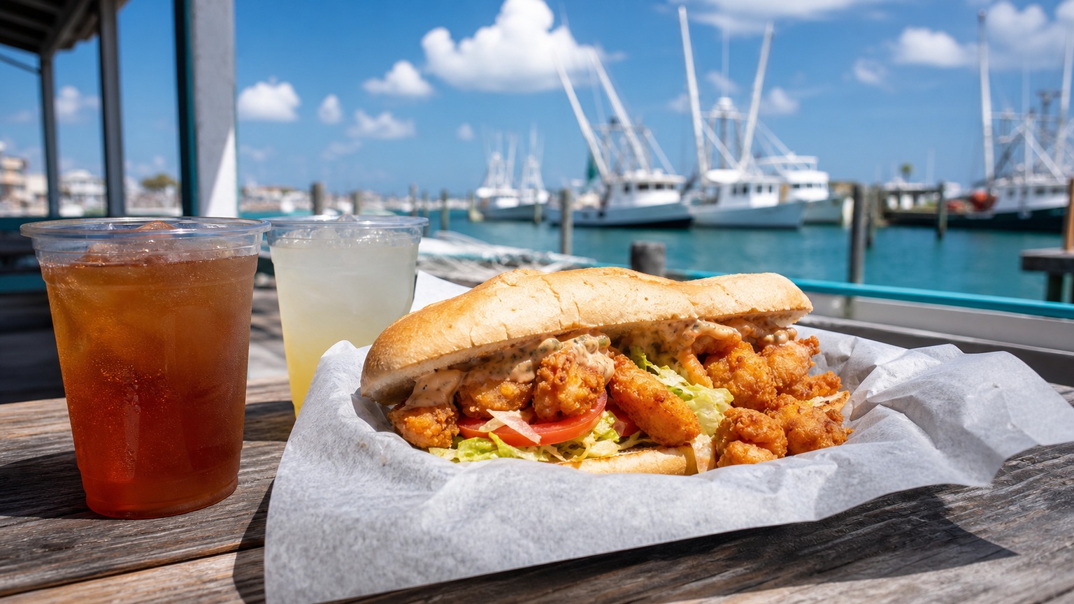 Fresh Gulf shrimp po-boy sandwich and cold drinks on a picnic table at an outdoor beachside seafood shack in Destin Florida with fishing boats visible in the background